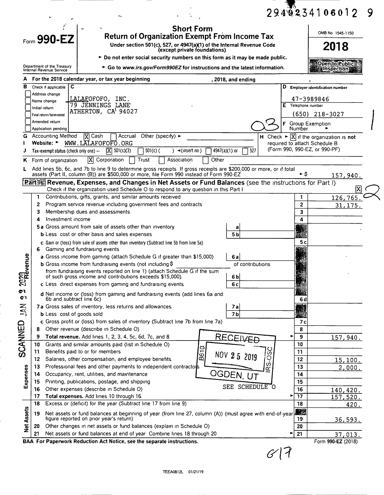 Image of first page of 2018 Form 990EZ for Lalafofofo