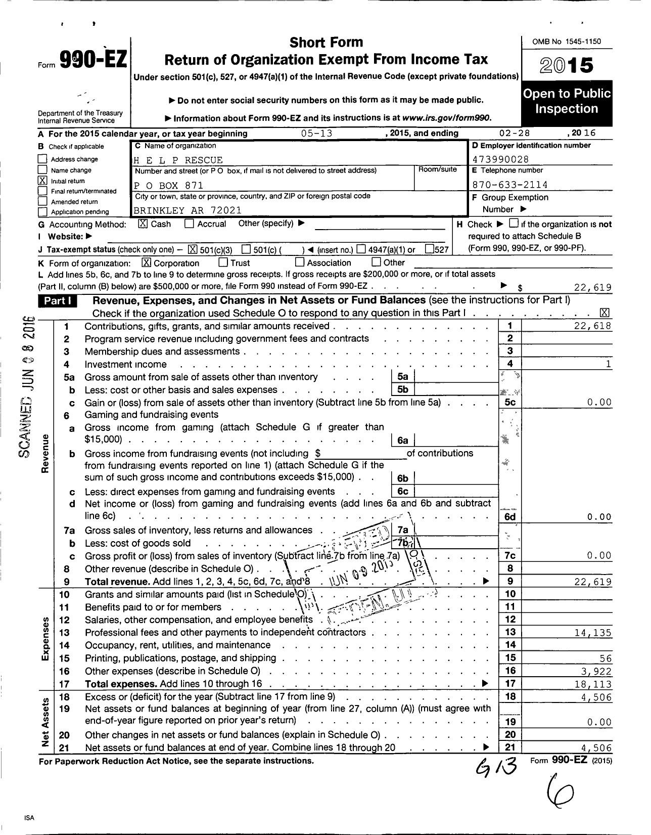 Image of first page of 2015 Form 990EZ for H E L P Rescue