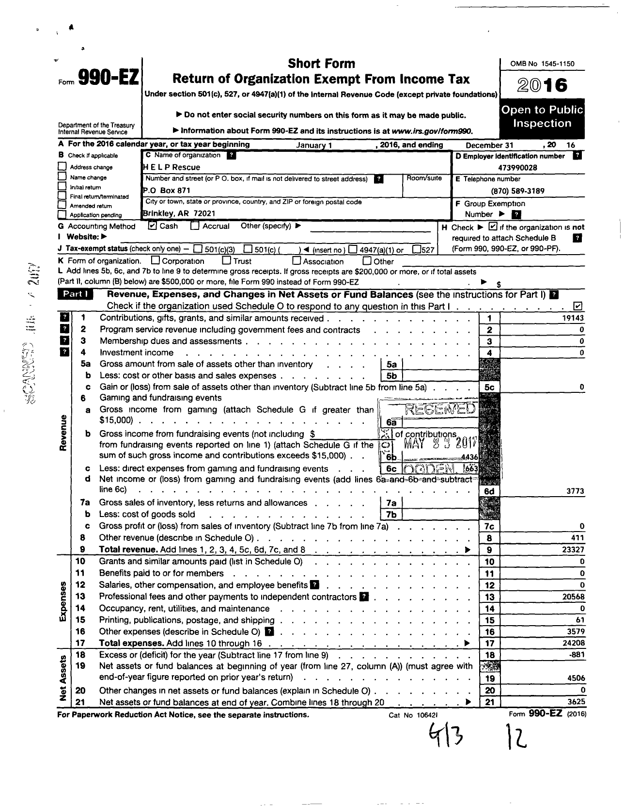 Image of first page of 2016 Form 990EO for H E L P Rescue