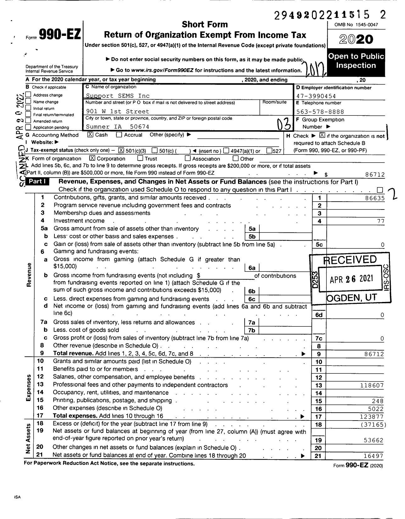 Image of first page of 2020 Form 990EZ for Support Sems