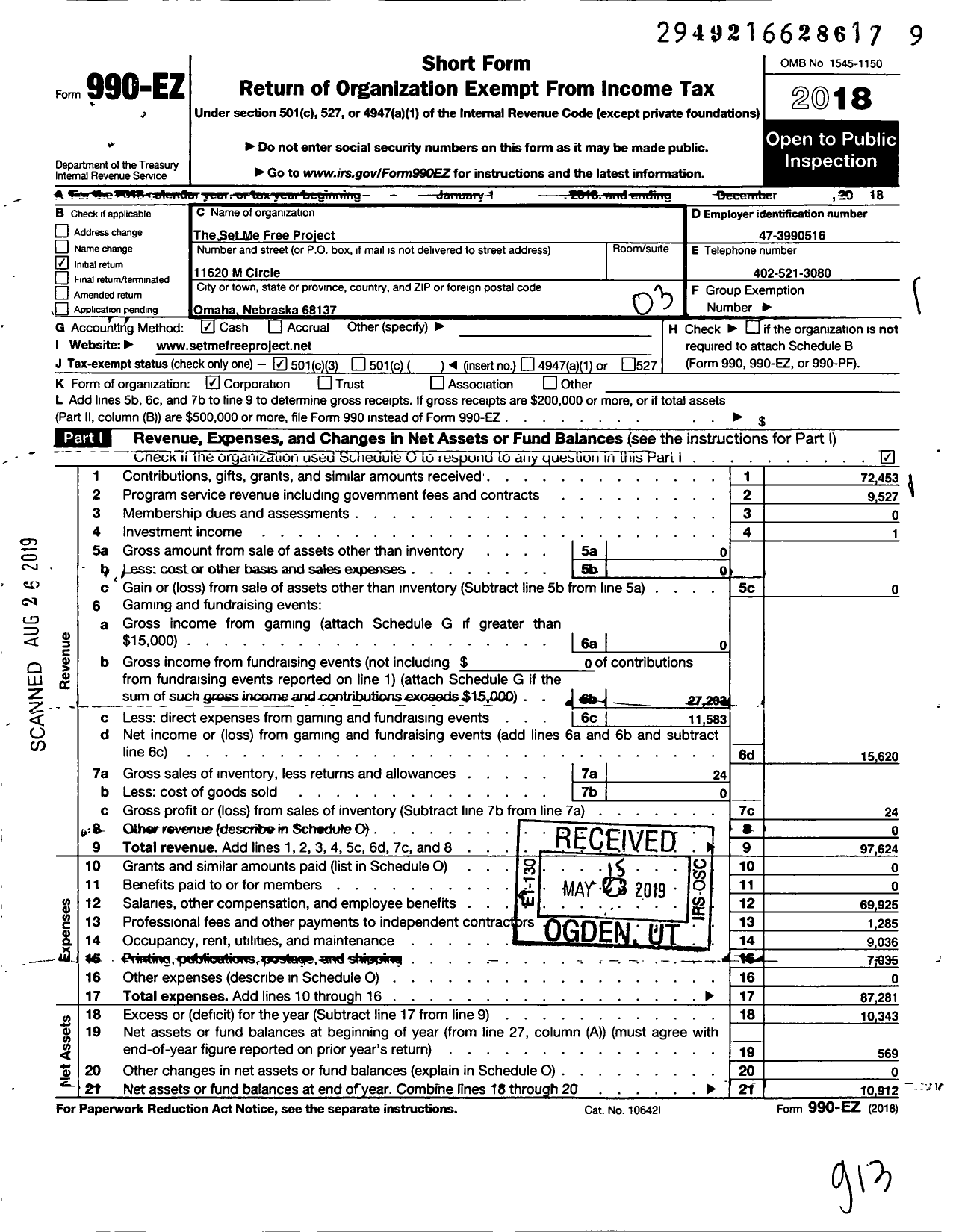 Image of first page of 2018 Form 990EZ for The Set Me Free Project