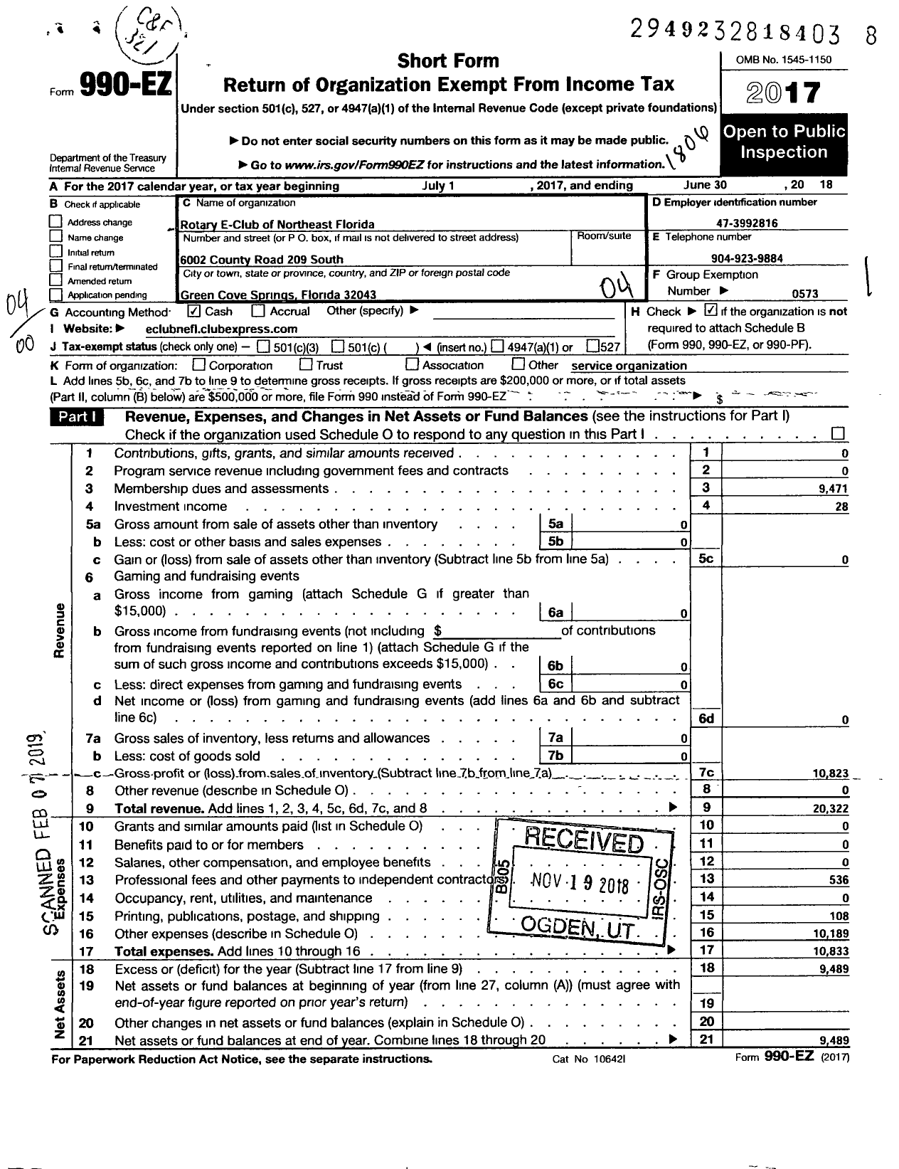 Image of first page of 2017 Form 990EO for Rotary International - North East Florida