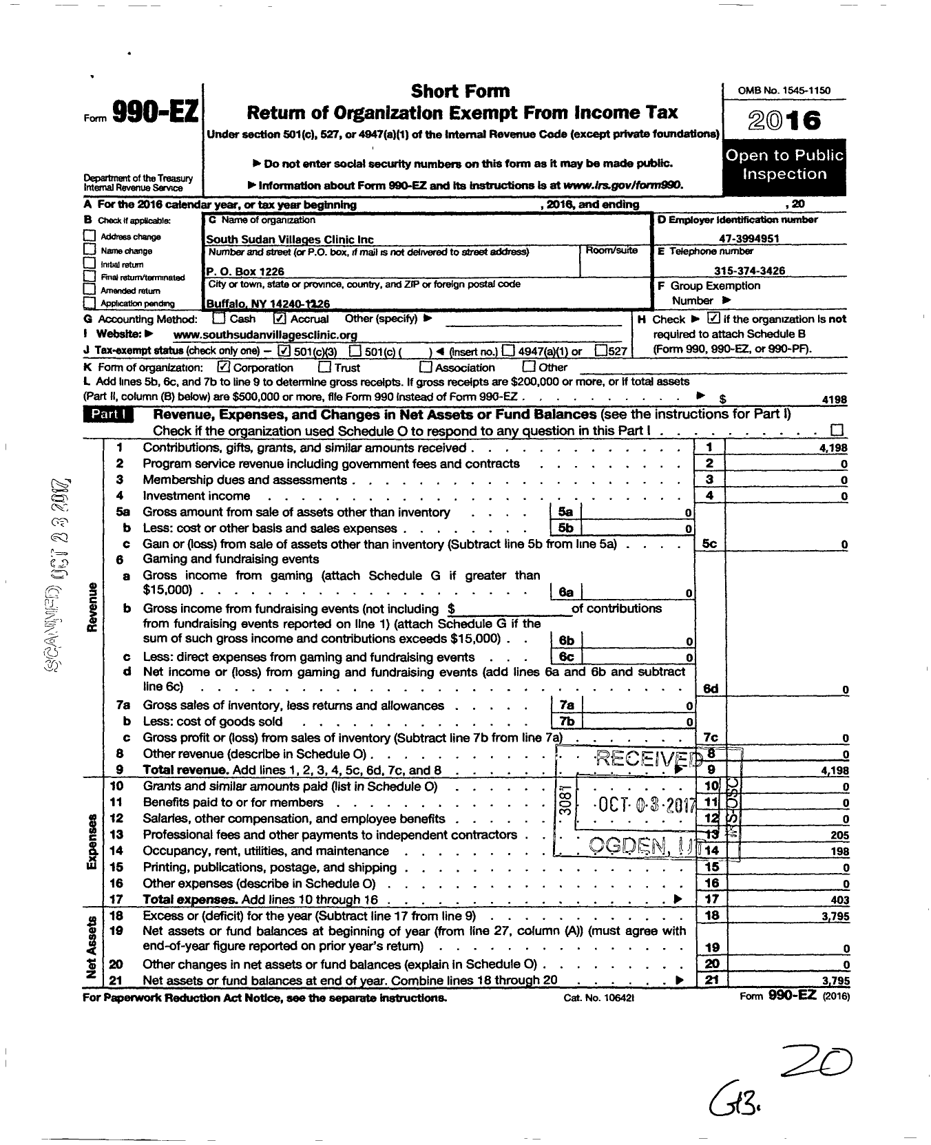 Image of first page of 2016 Form 990EZ for South Sudan Villages Clinic