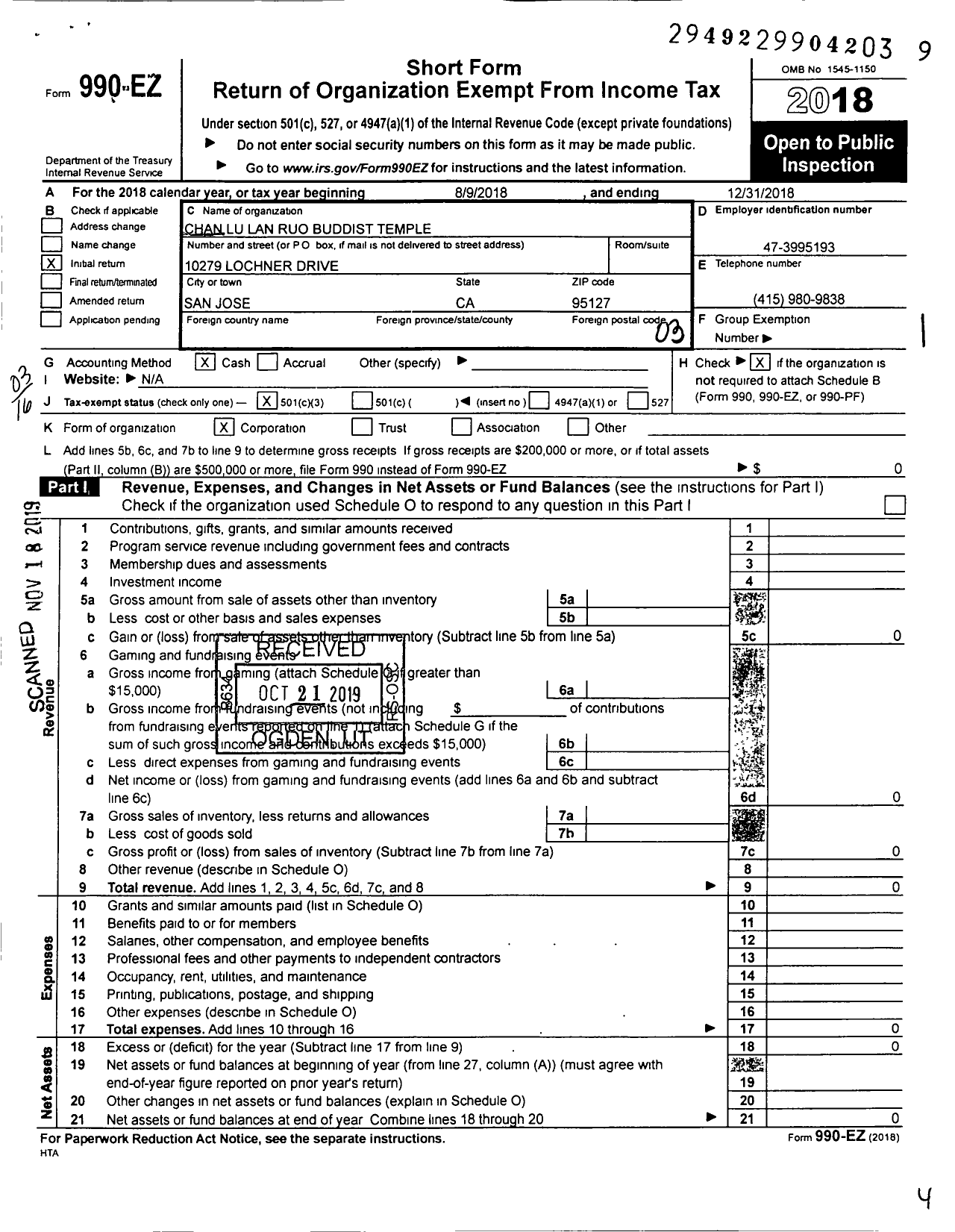 Image of first page of 2018 Form 990EZ for Chan Lu Lan Ruo Buddist Temple