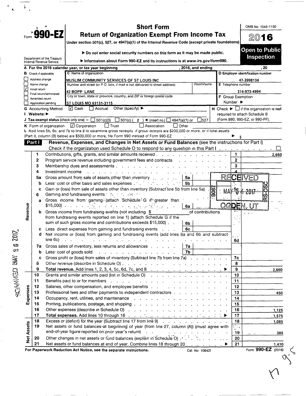 Image of first page of 2016 Form 990EO for Muslim Community Services of St Louis