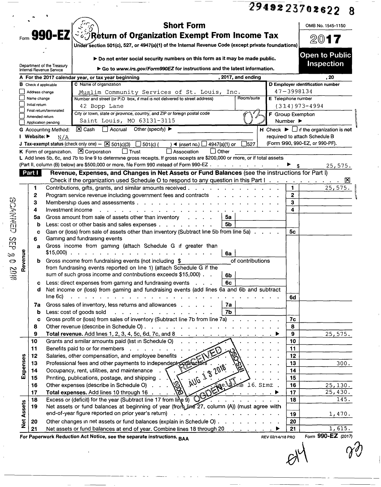 Image of first page of 2017 Form 990EZ for Muslim Community Services of St Louis