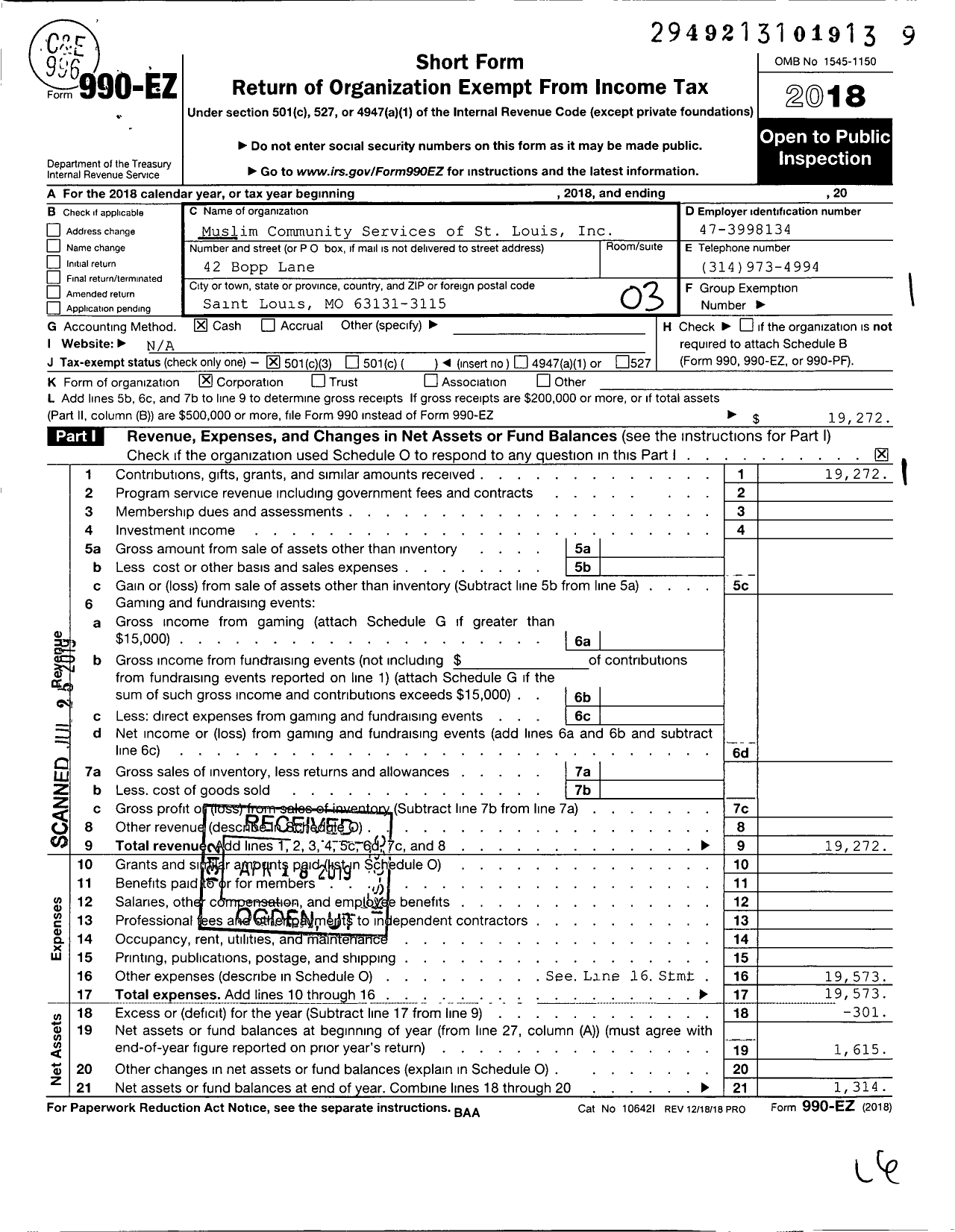 Image of first page of 2018 Form 990EZ for Muslim Community Services of St Louis