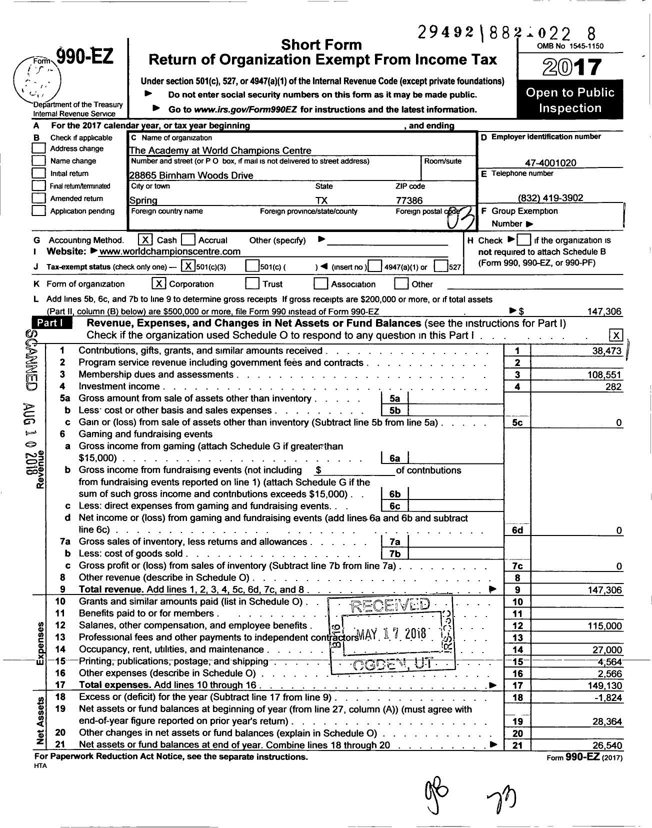 Image of first page of 2017 Form 990EZ for The Academy at World Champions Center