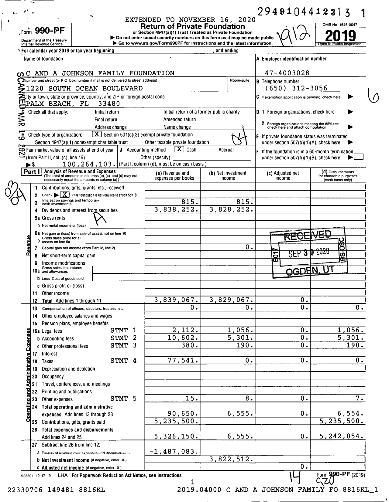 Image of first page of 2019 Form 990PF for C and A Johnson Family Foundation