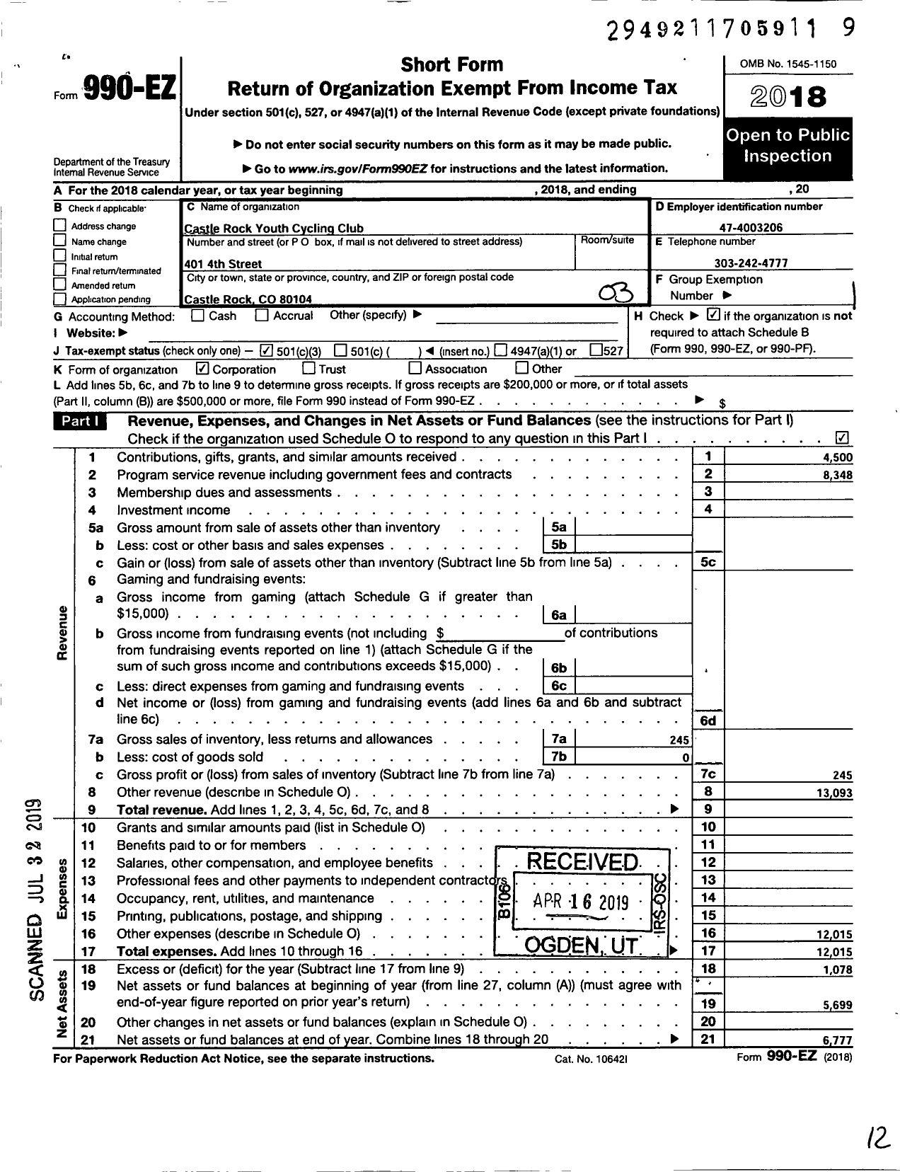 Image of first page of 2018 Form 990EZ for Castle Rock Youth Cycling Club