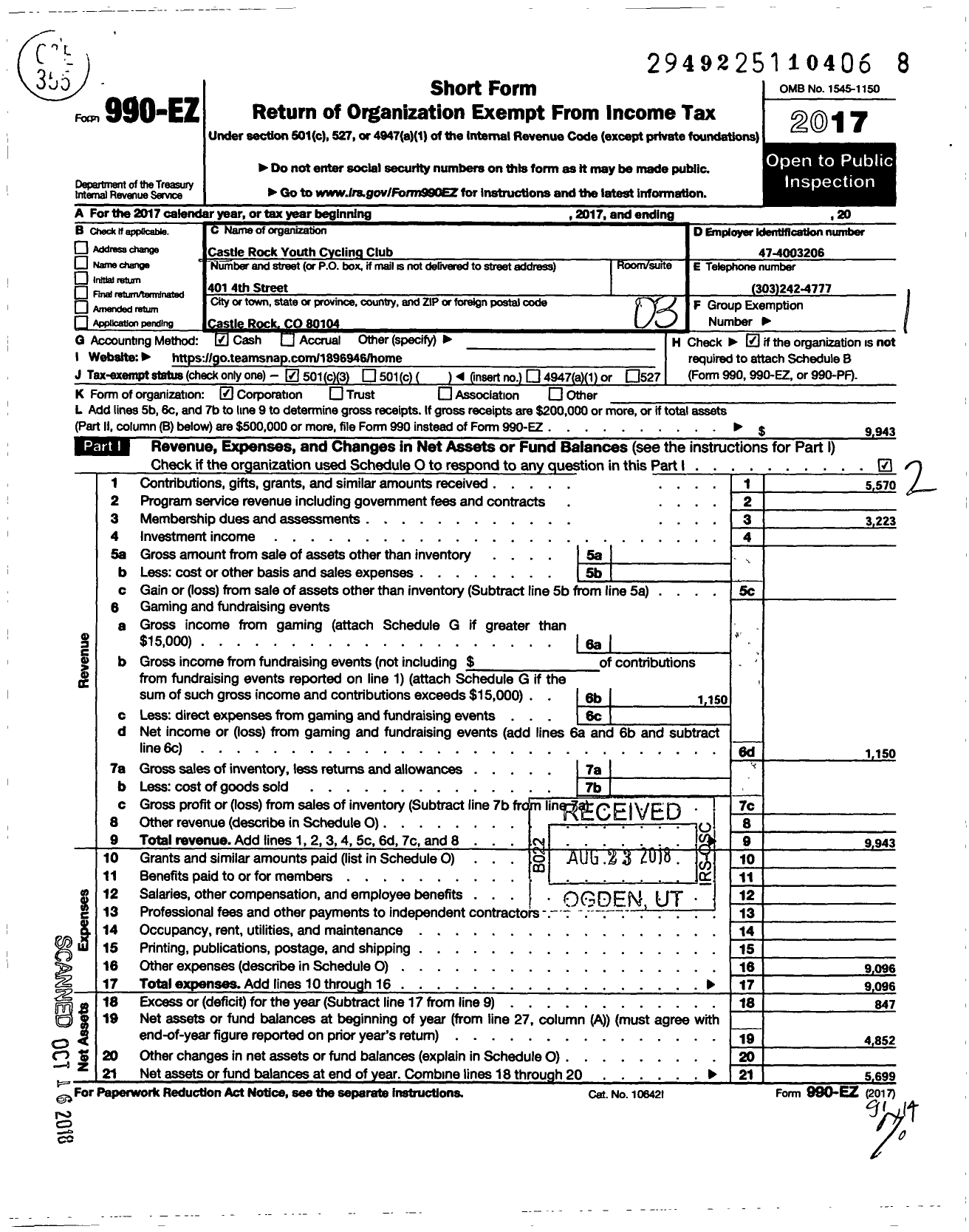 Image of first page of 2017 Form 990EZ for Castle Rock Youth Cycling Club