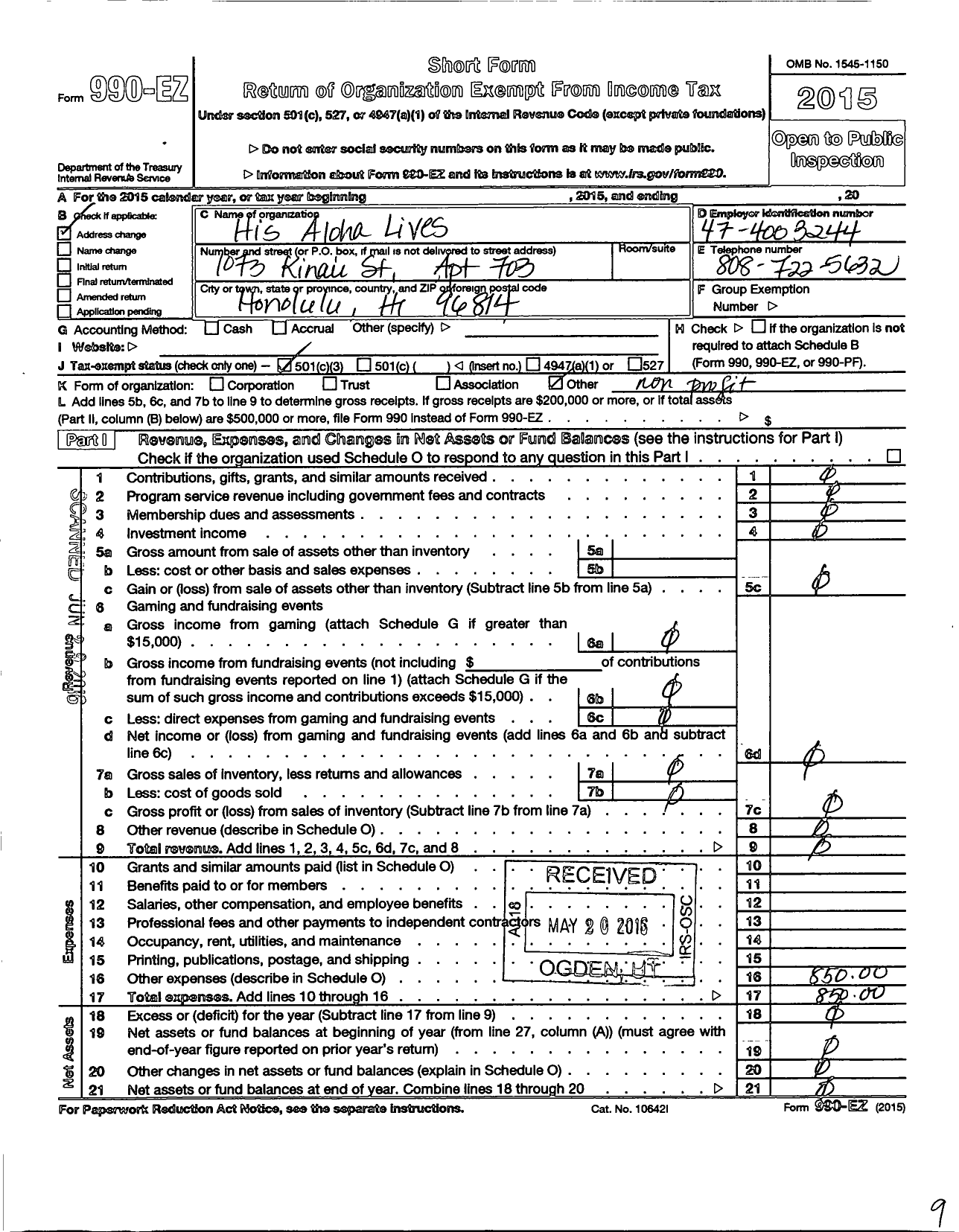 Image of first page of 2015 Form 990EZ for His Aloha Lives