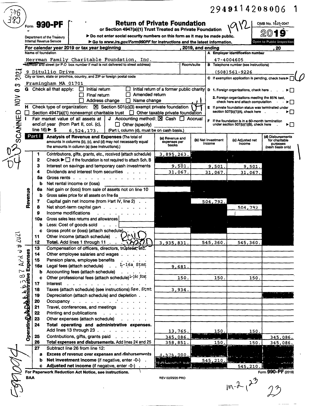 Image of first page of 2019 Form 990PF for Herrman Family Charitable Foundation