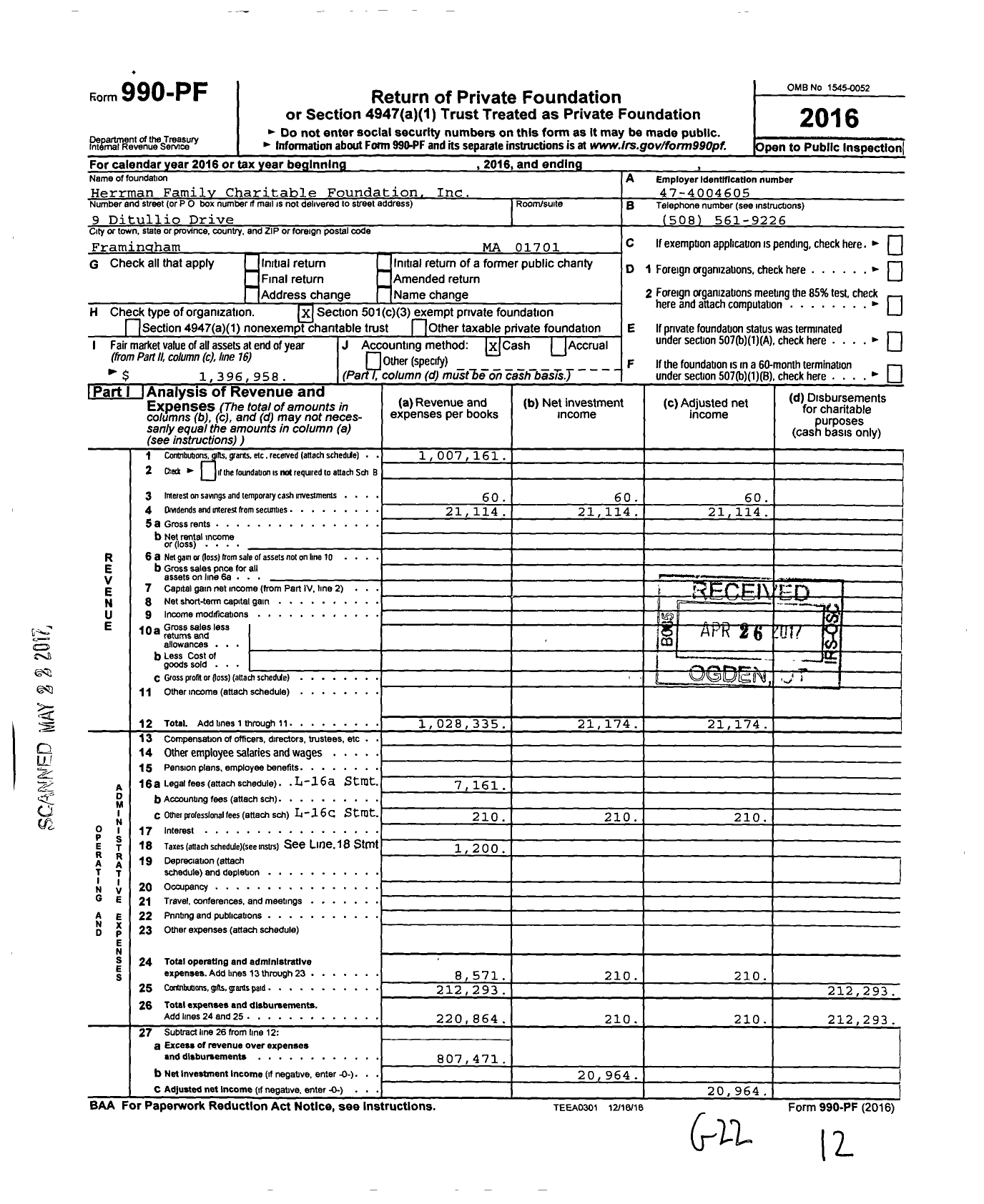 Image of first page of 2016 Form 990PF for Herrman Family Charitable Foundation