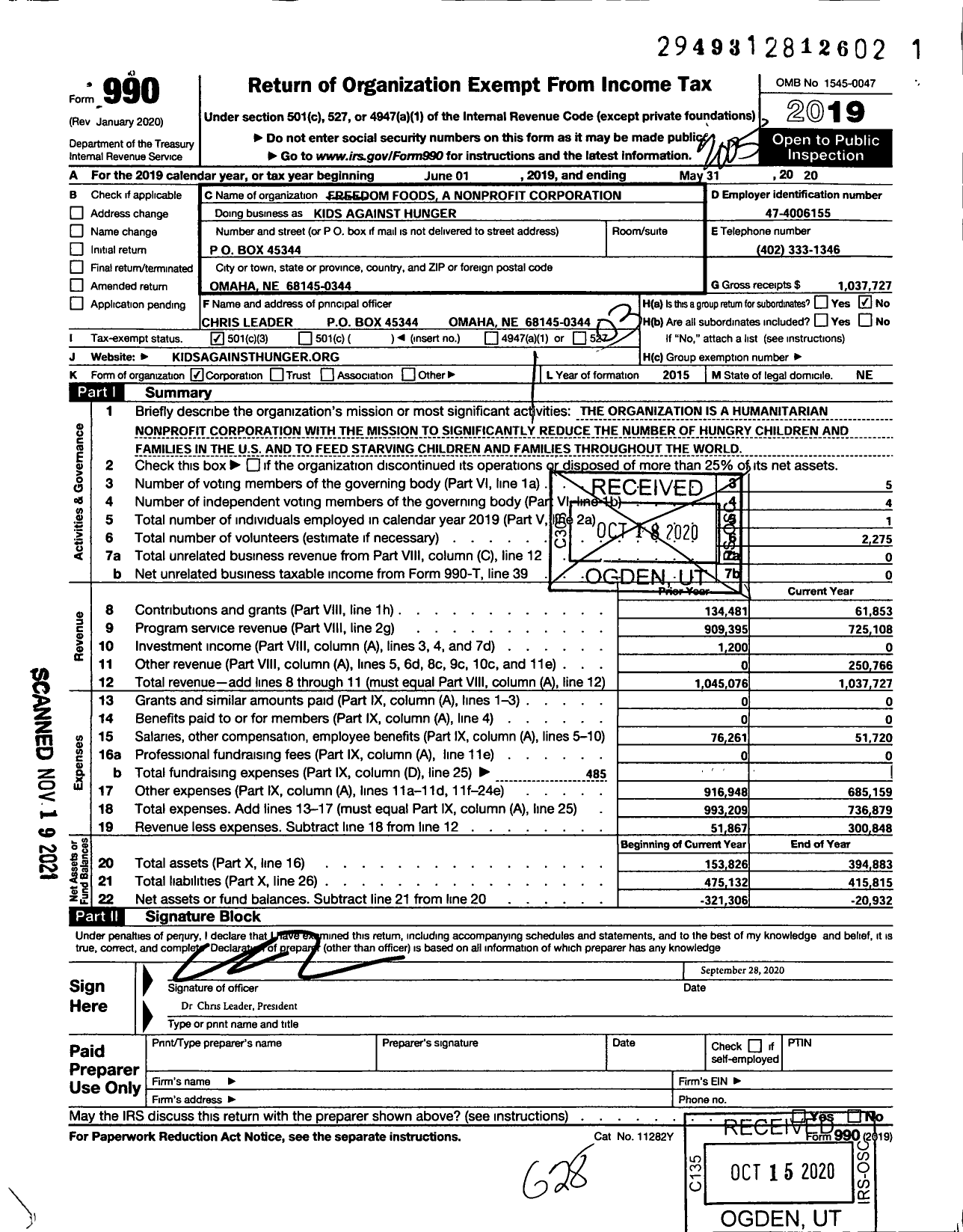 Image of first page of 2019 Form 990 for Kids Against Hunger / Freedom Foods A Non Profit Corporation