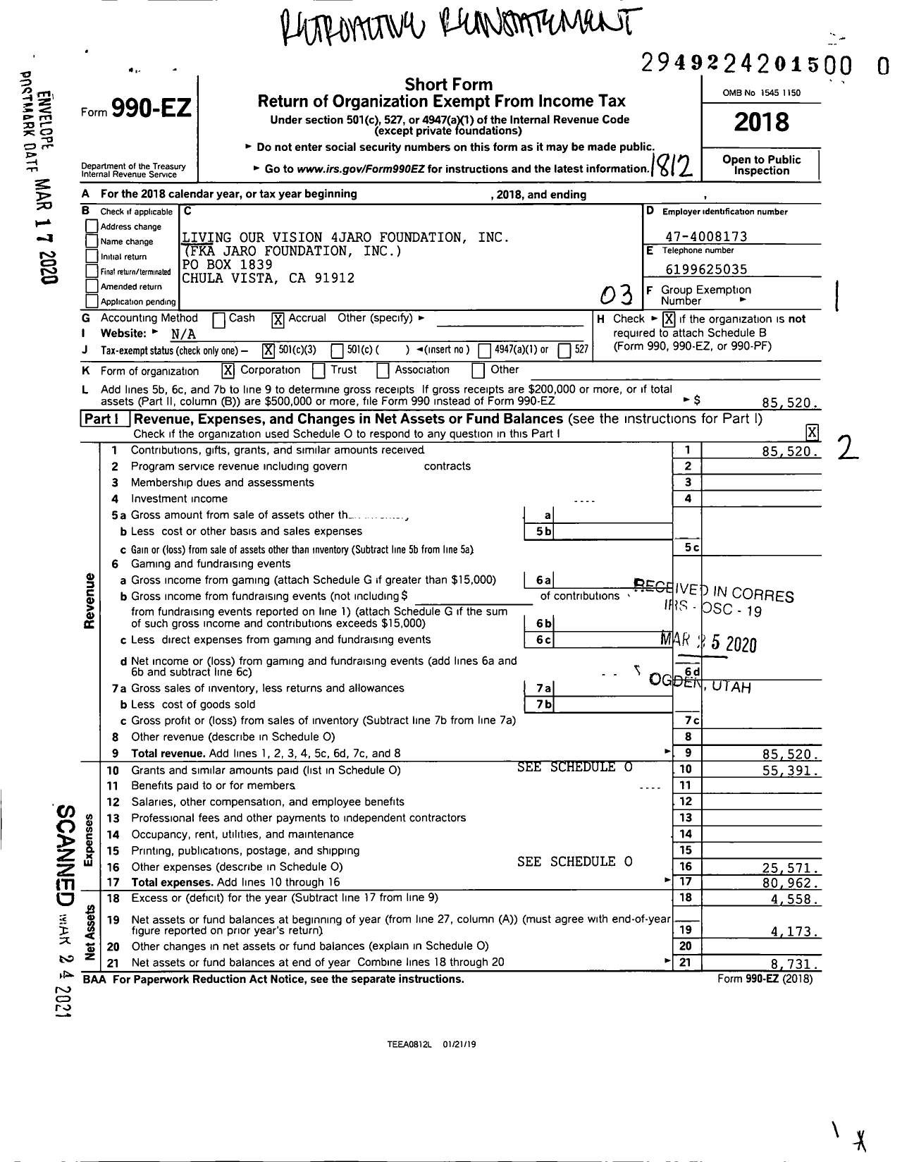 Image of first page of 2018 Form 990EZ for Living Our Vision 4JARO Foundation