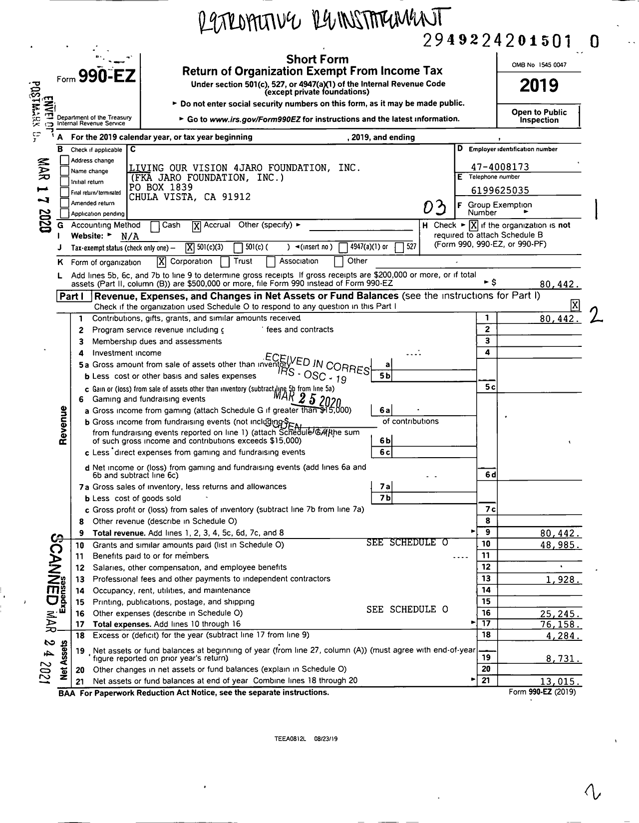 Image of first page of 2019 Form 990EZ for Living Our Vision 4JARO Foundation