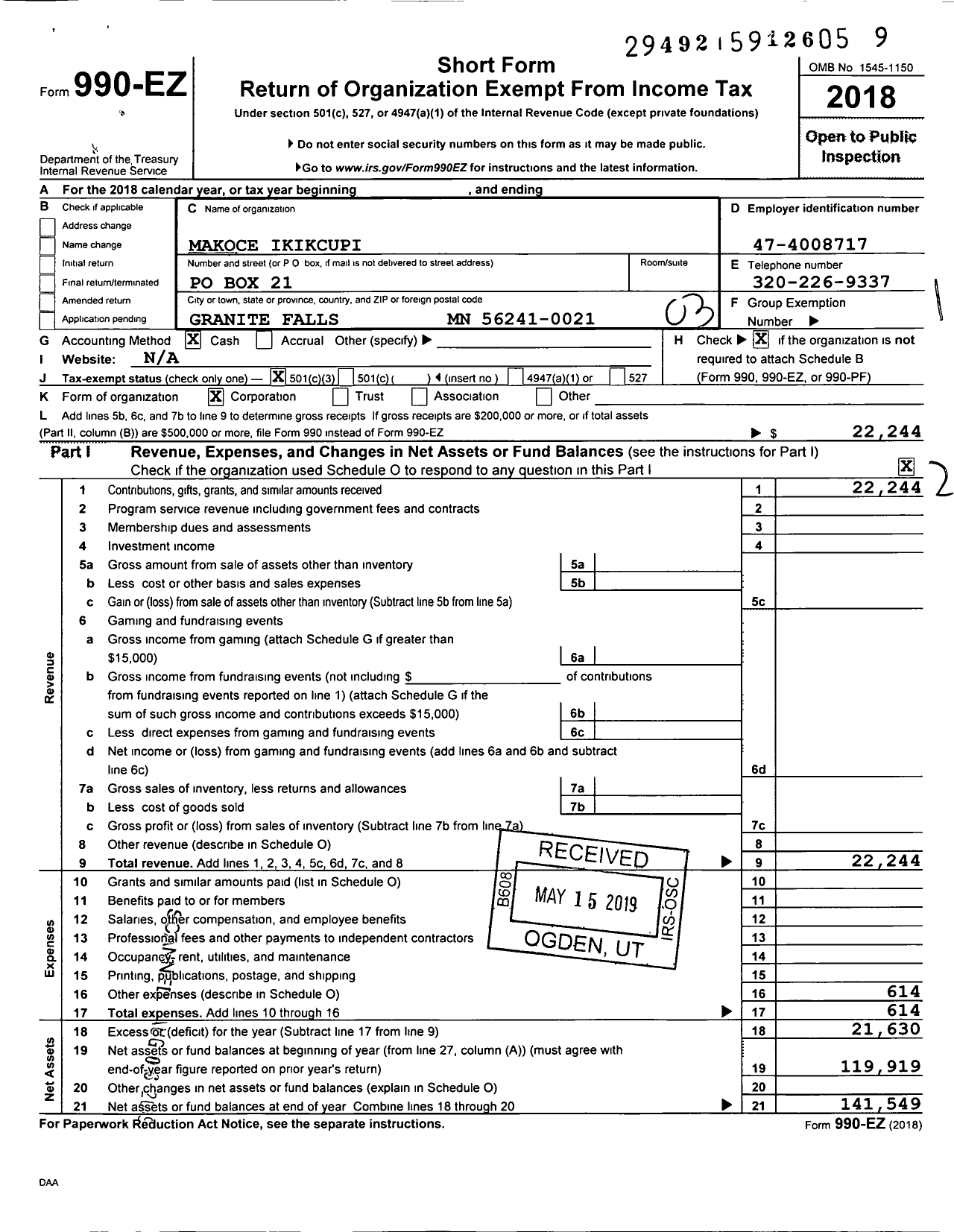 Image of first page of 2018 Form 990EZ for Makoce Ikikcupi