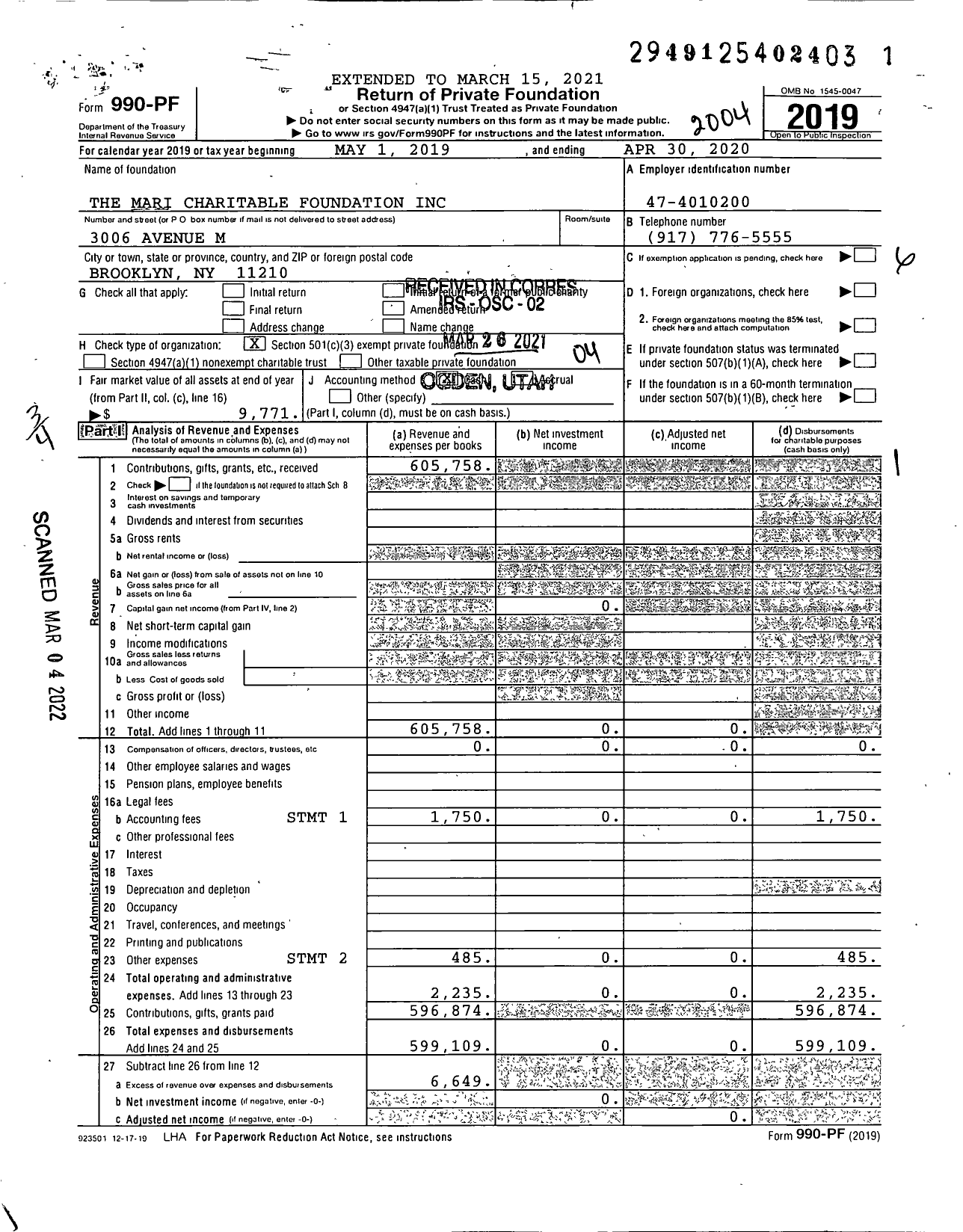 Image of first page of 2019 Form 990PF for The Mari Charitable Foundation