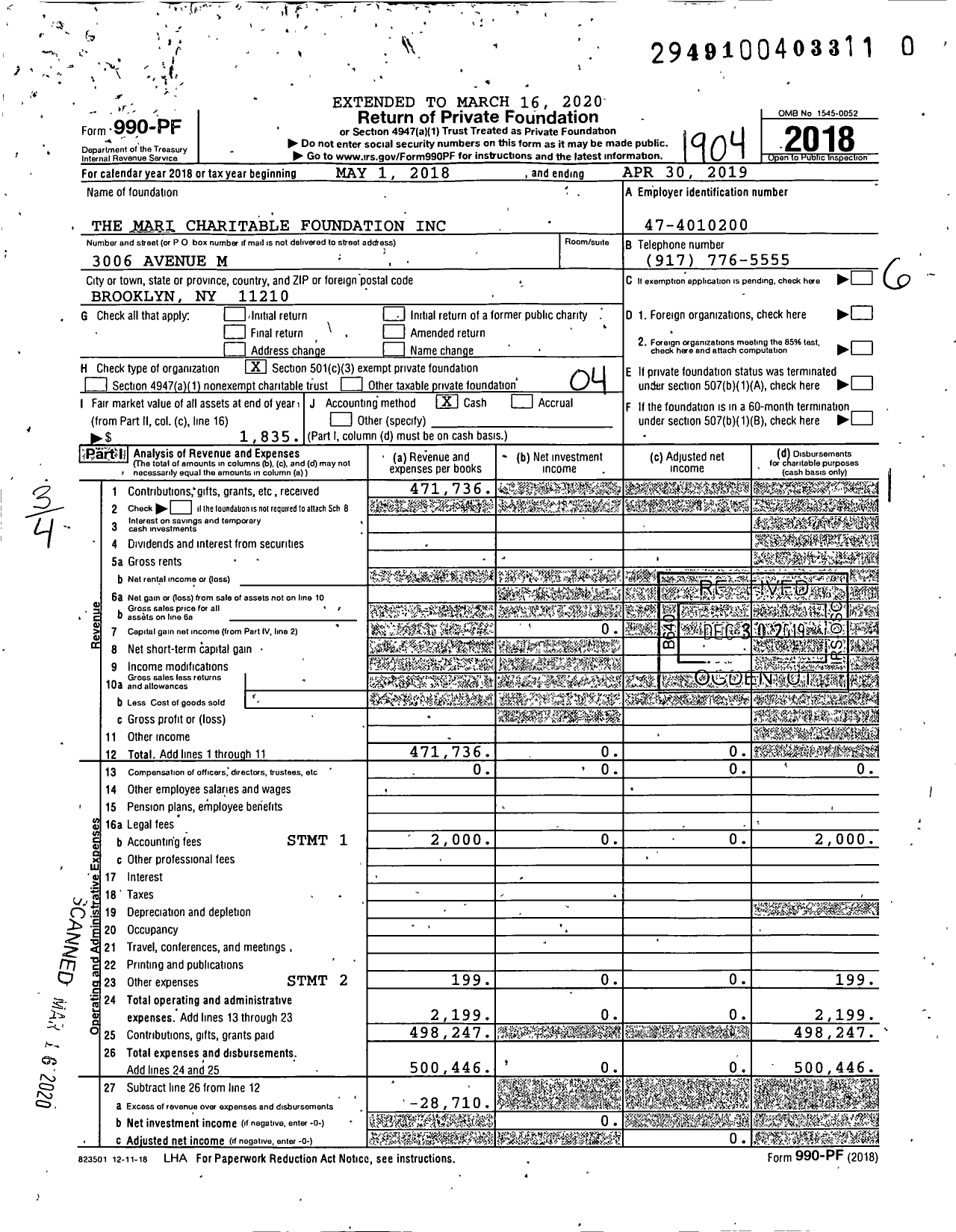 Image of first page of 2018 Form 990PR for The Mari Charitable Foundation