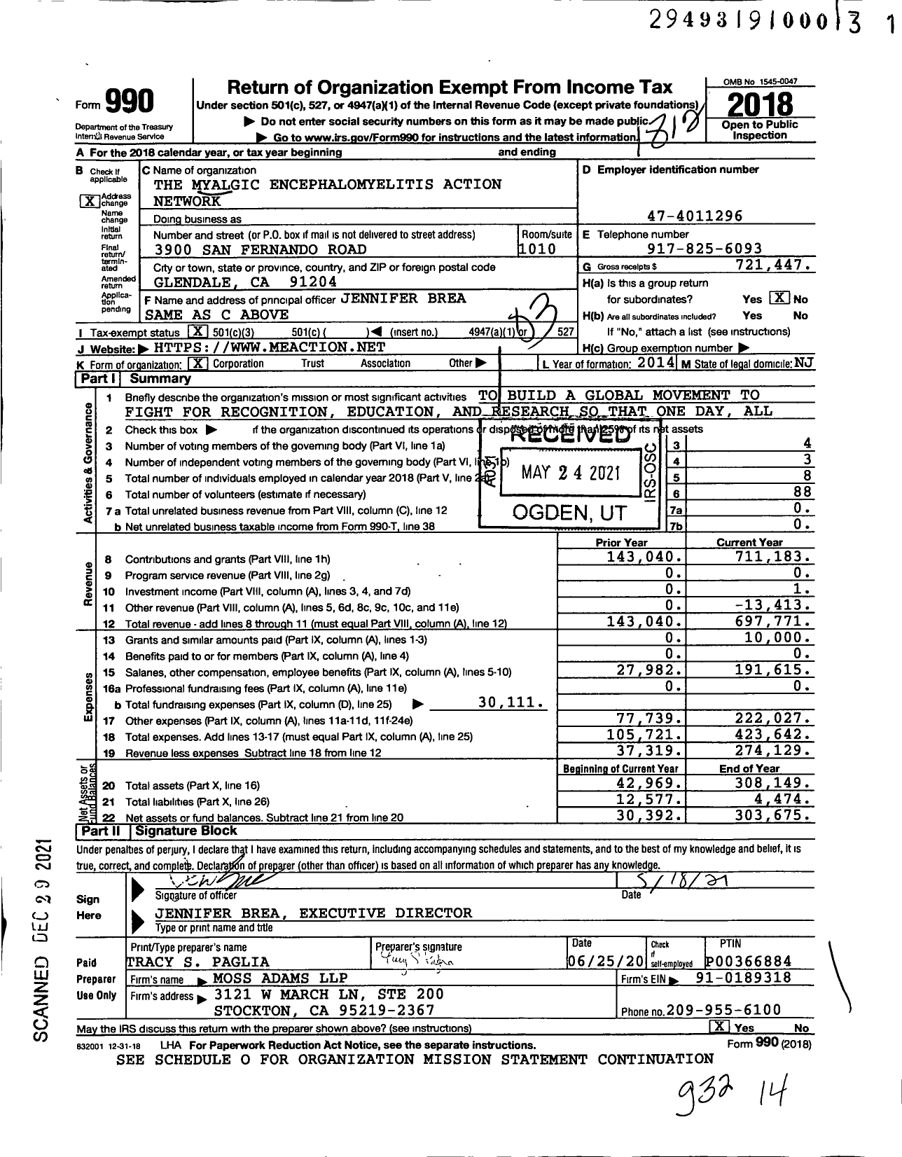 Image of first page of 2018 Form 990 for The Myalgic Encephalomyelitis Action Network