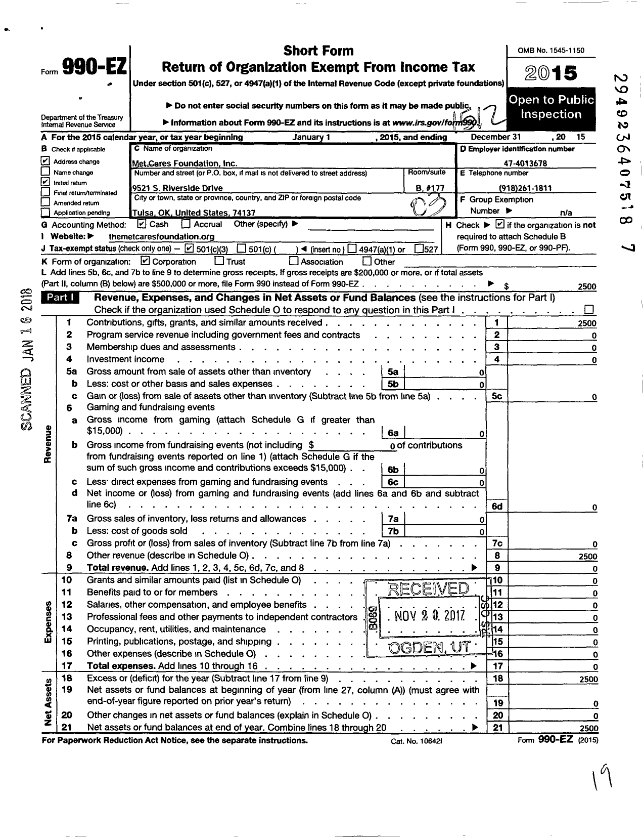 Image of first page of 2015 Form 990EZ for Met Cares Foundation