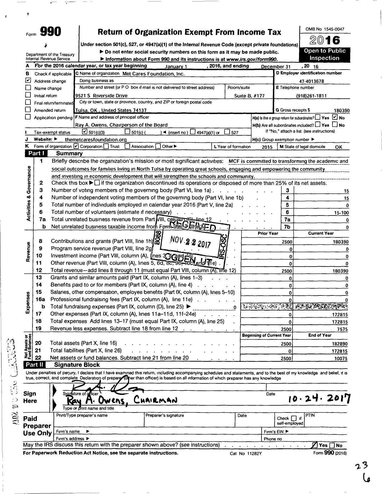 Image of first page of 2016 Form 990 for Met Cares Foundation