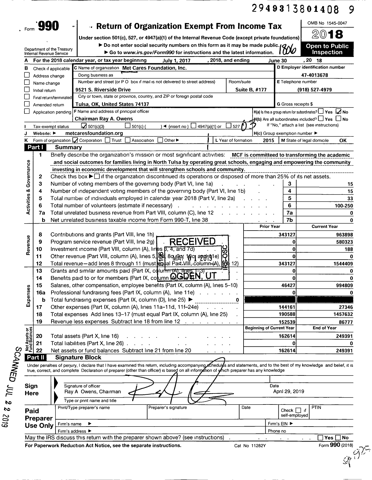 Image of first page of 2017 Form 990 for Met Cares Foundation