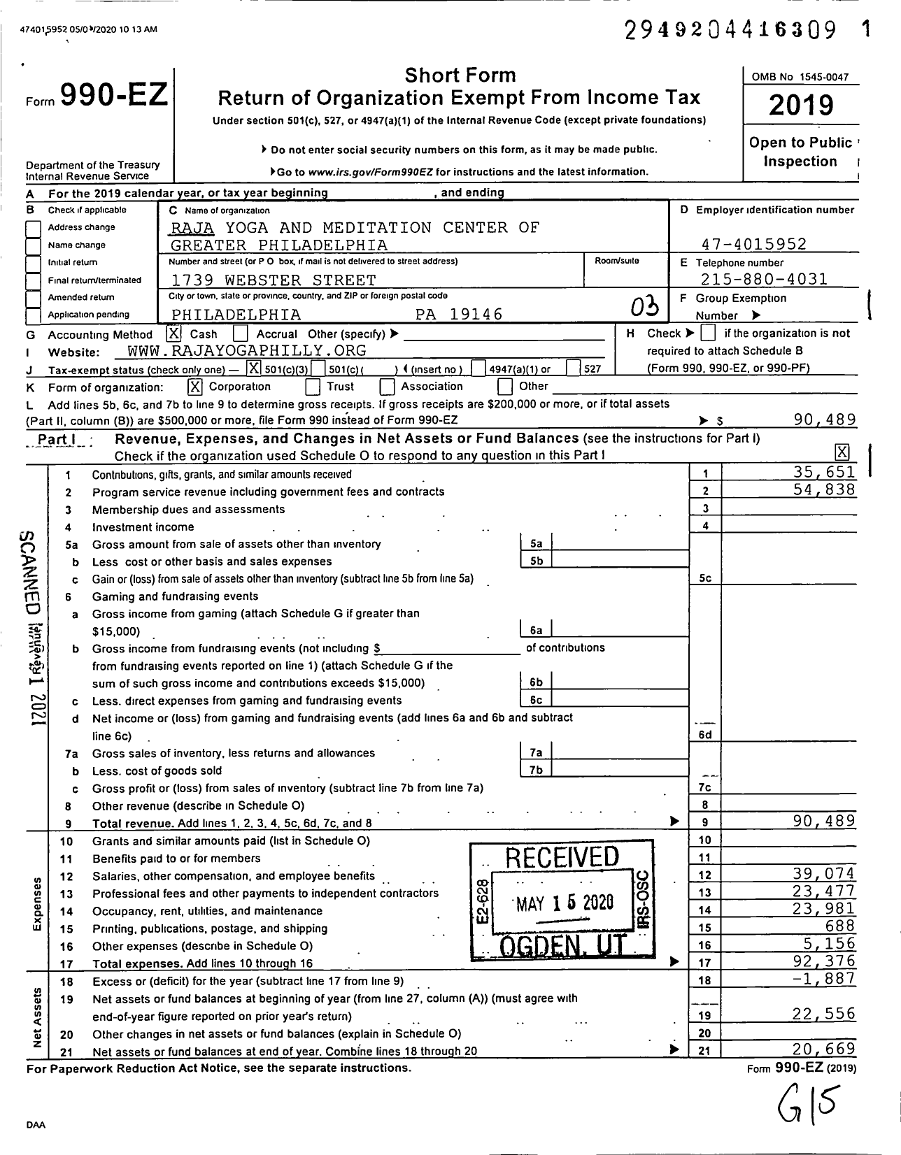 Image of first page of 2019 Form 990EZ for Raja Yoga and Meditation Center of Greater Philadelphia