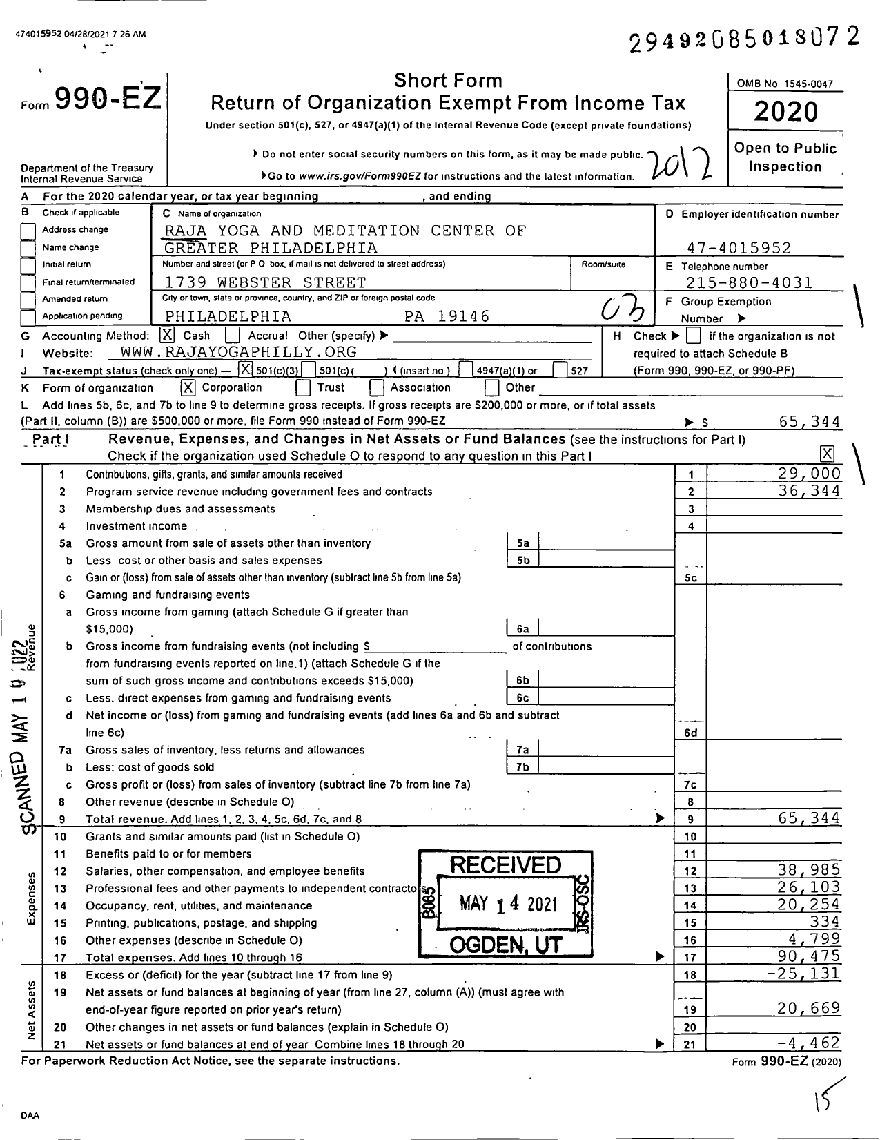 Image of first page of 2020 Form 990EZ for Raja Yoga and Meditation Center of Greater Philadelphia