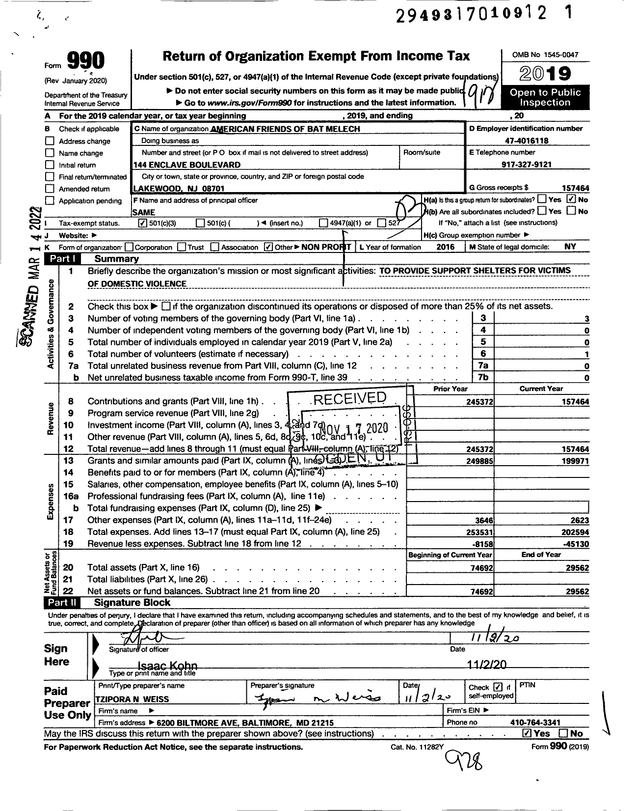 Image of first page of 2019 Form 990 for American Friends of Bat Melech