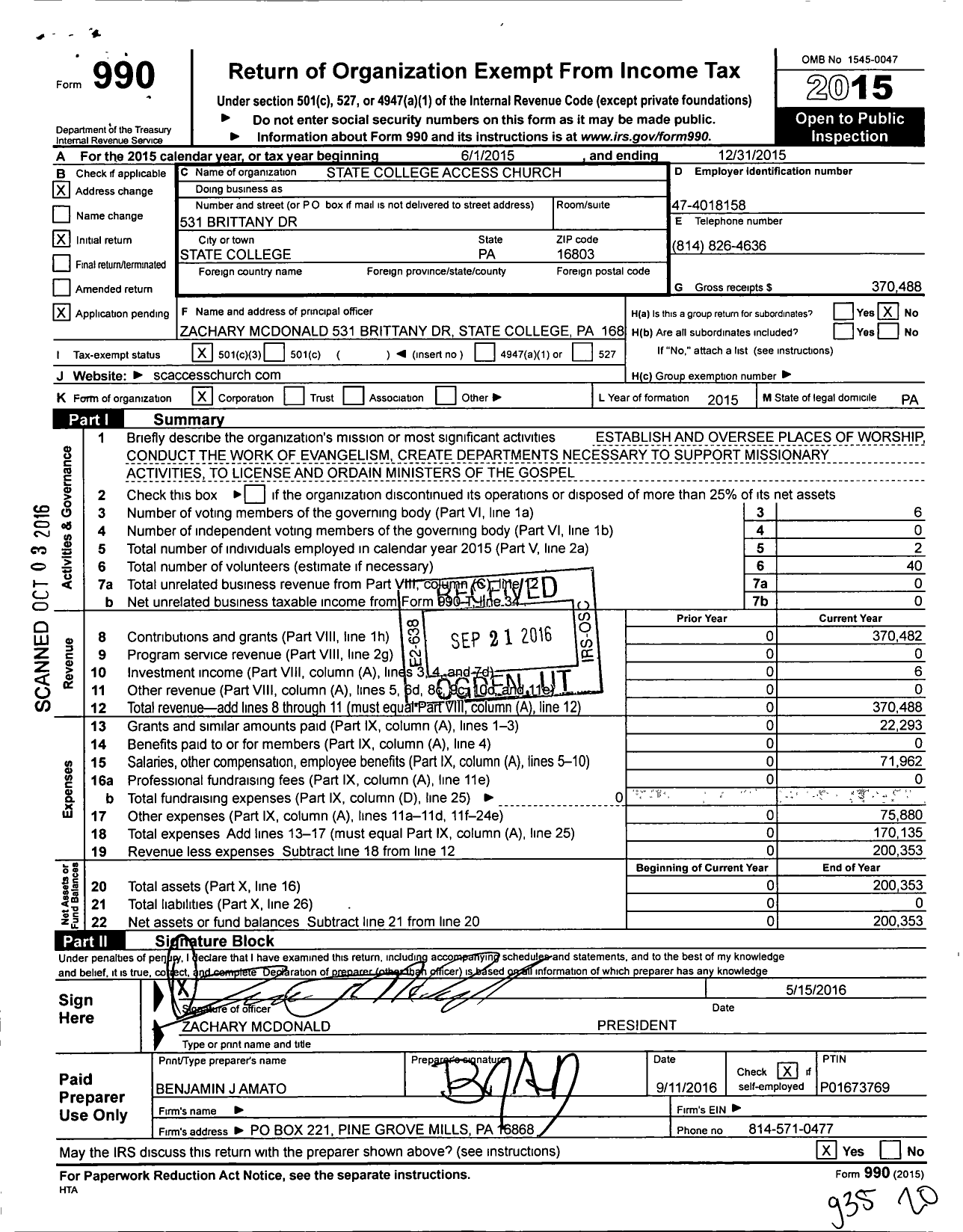 Image of first page of 2015 Form 990 for State College Access Church