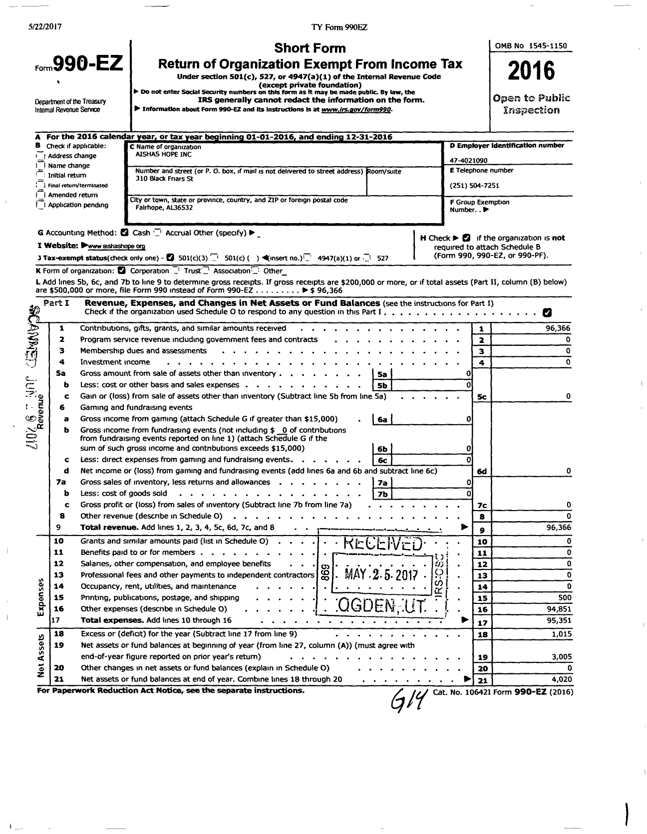 Image of first page of 2016 Form 990EZ for Aishas Hope