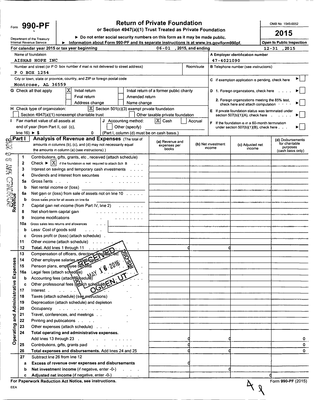 Image of first page of 2015 Form 990PF for Aishas Hope