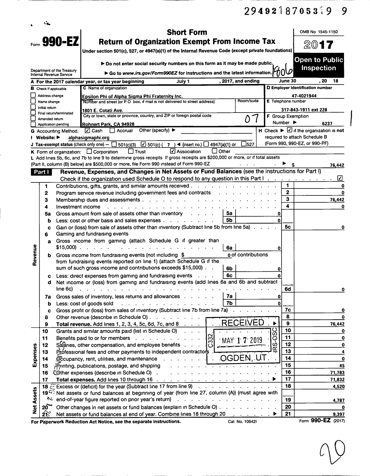 Image of first page of 2017 Form 990EO for Alpha Sigma Phi Fraternity