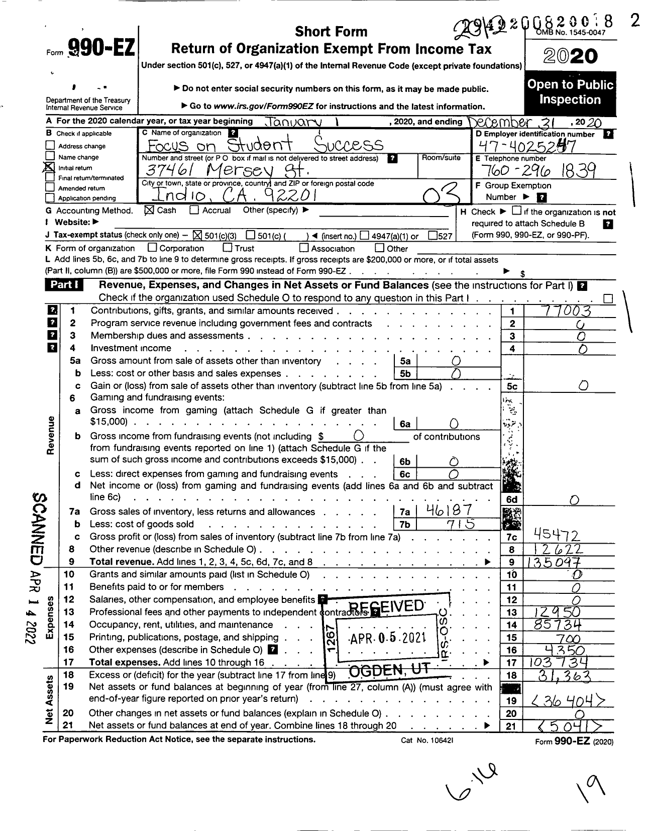 Image of first page of 2020 Form 990EZ for Focus on Student Sucess