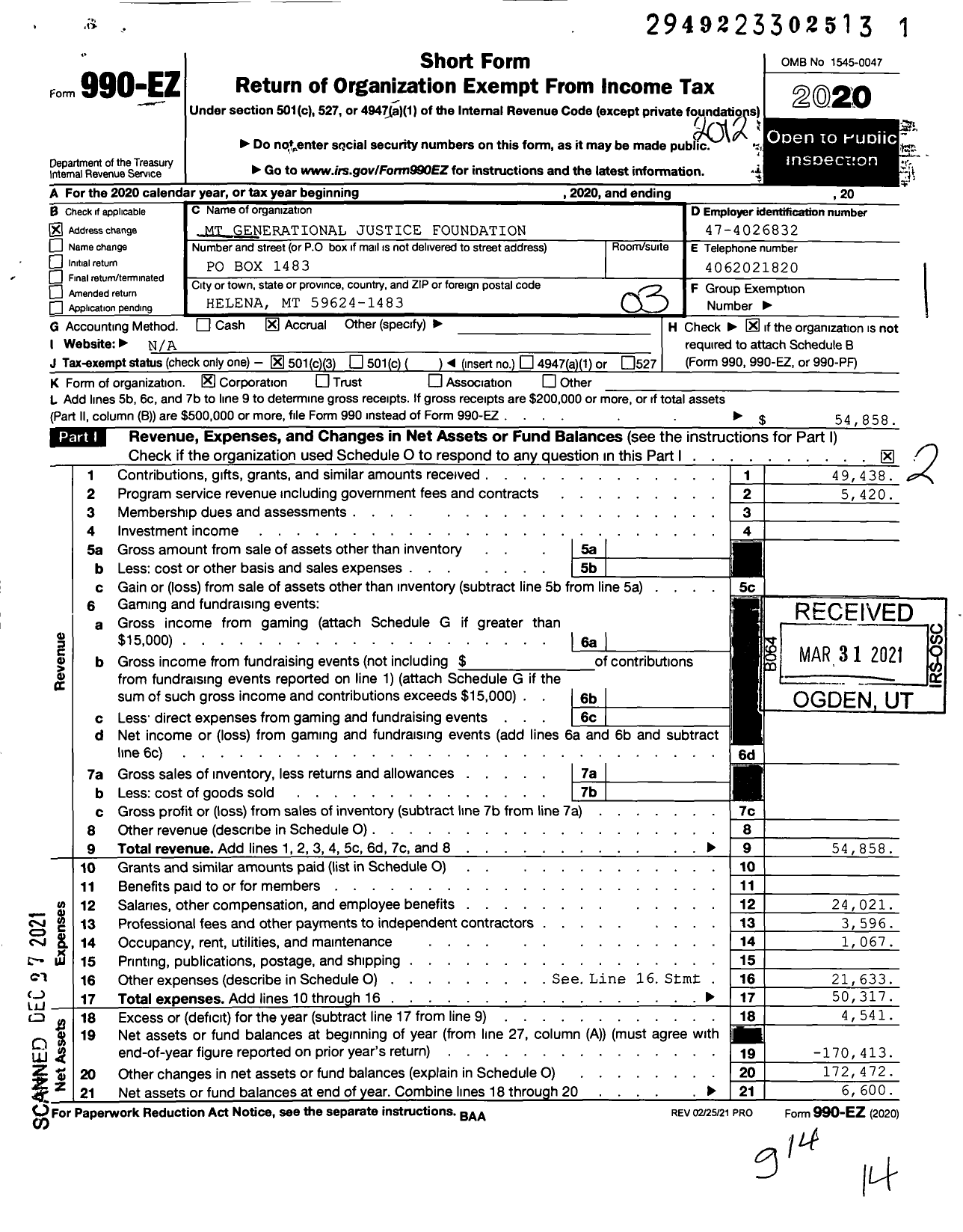 Image of first page of 2020 Form 990EZ for Montana Generational Justice