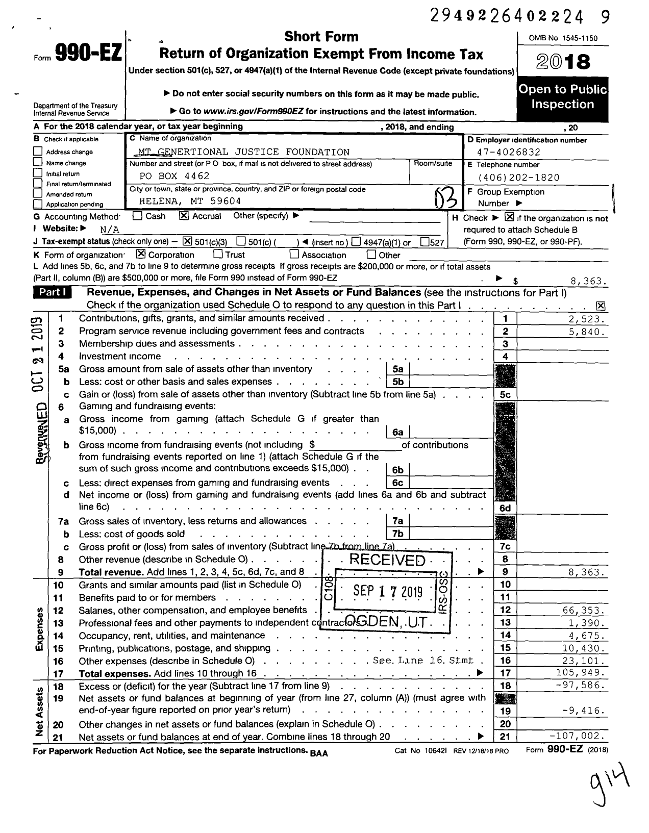 Image of first page of 2018 Form 990EZ for Montana Generational Justice