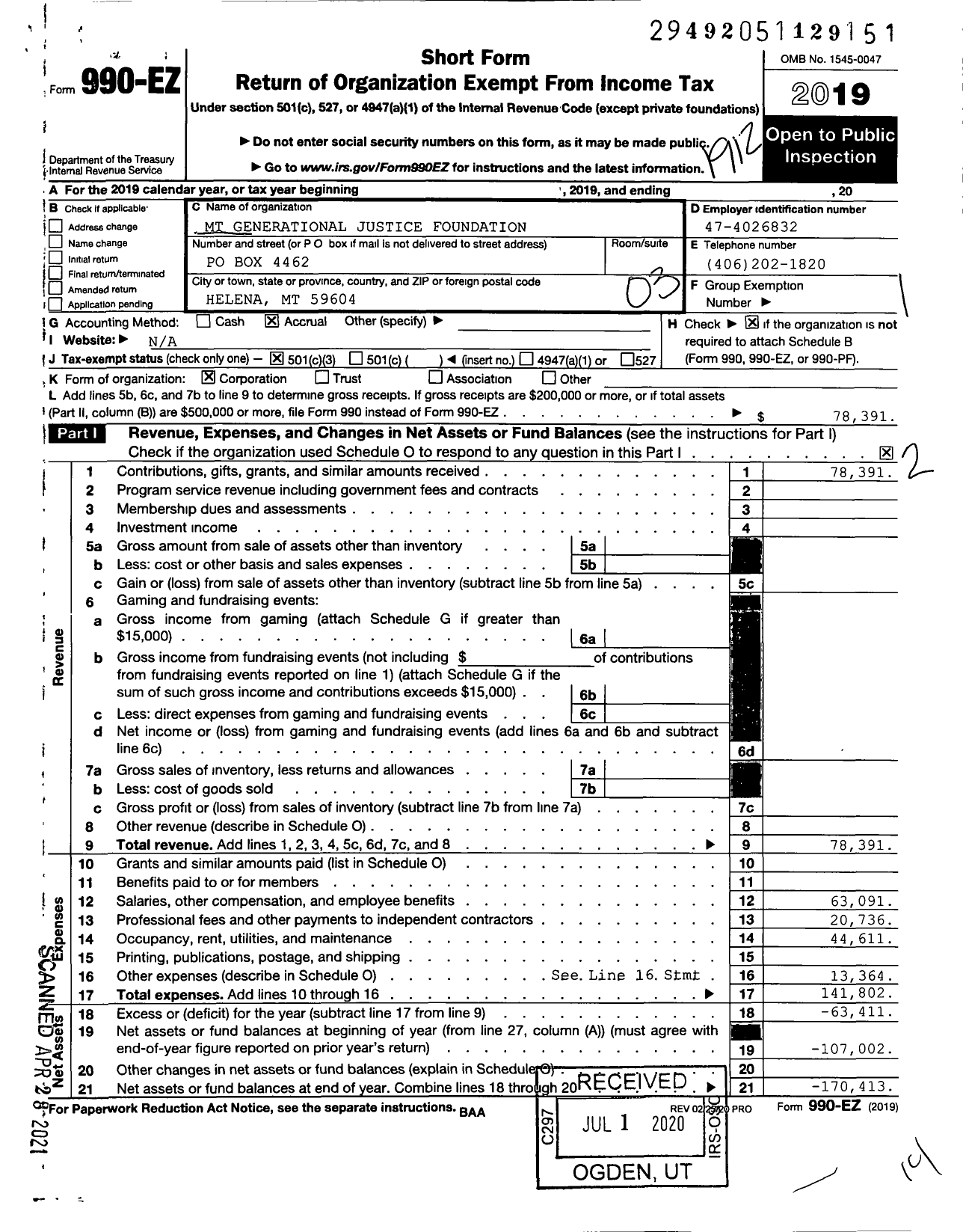 Image of first page of 2019 Form 990EZ for Montana Generational Justice