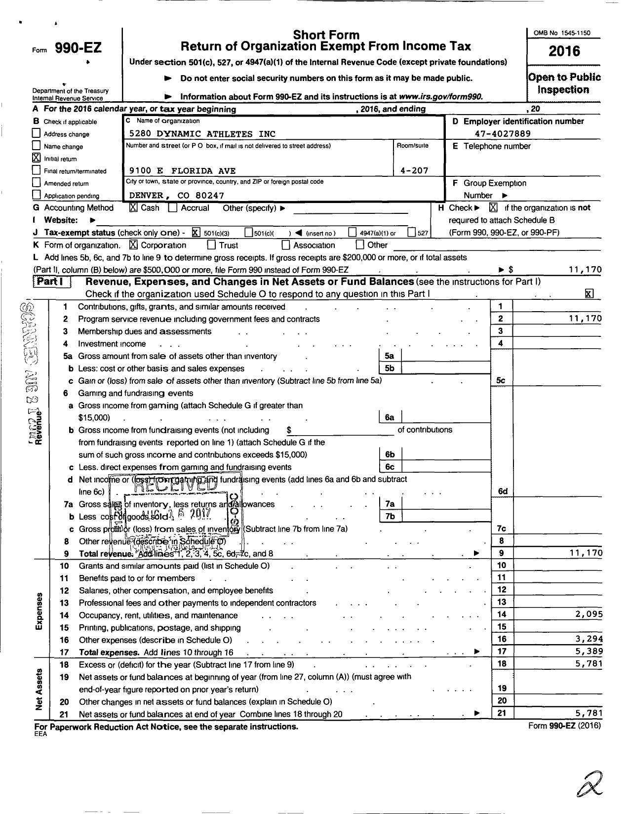 Image of first page of 2016 Form 990EZ for 5280 Dynamic Athletes