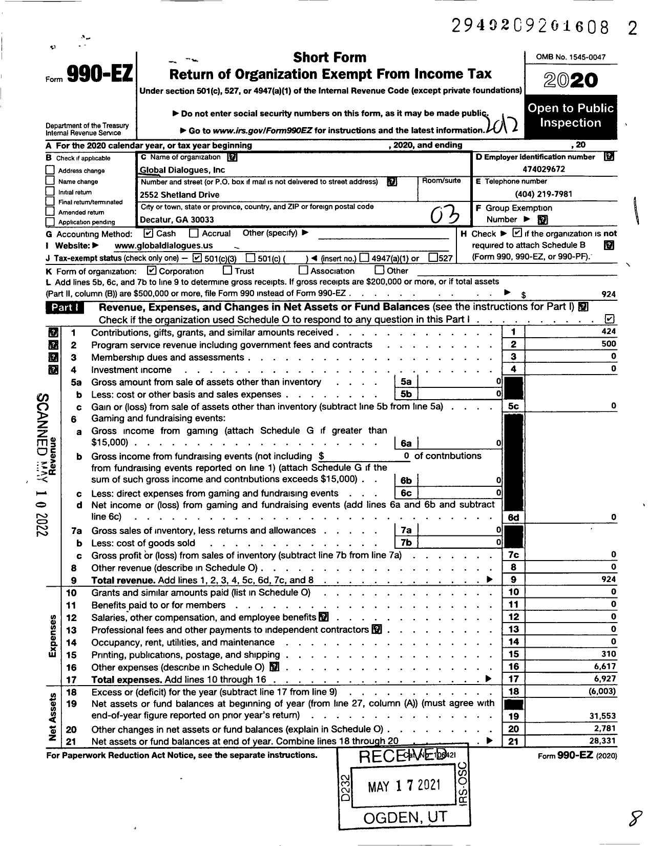 Image of first page of 2020 Form 990EZ for Global Dialogues