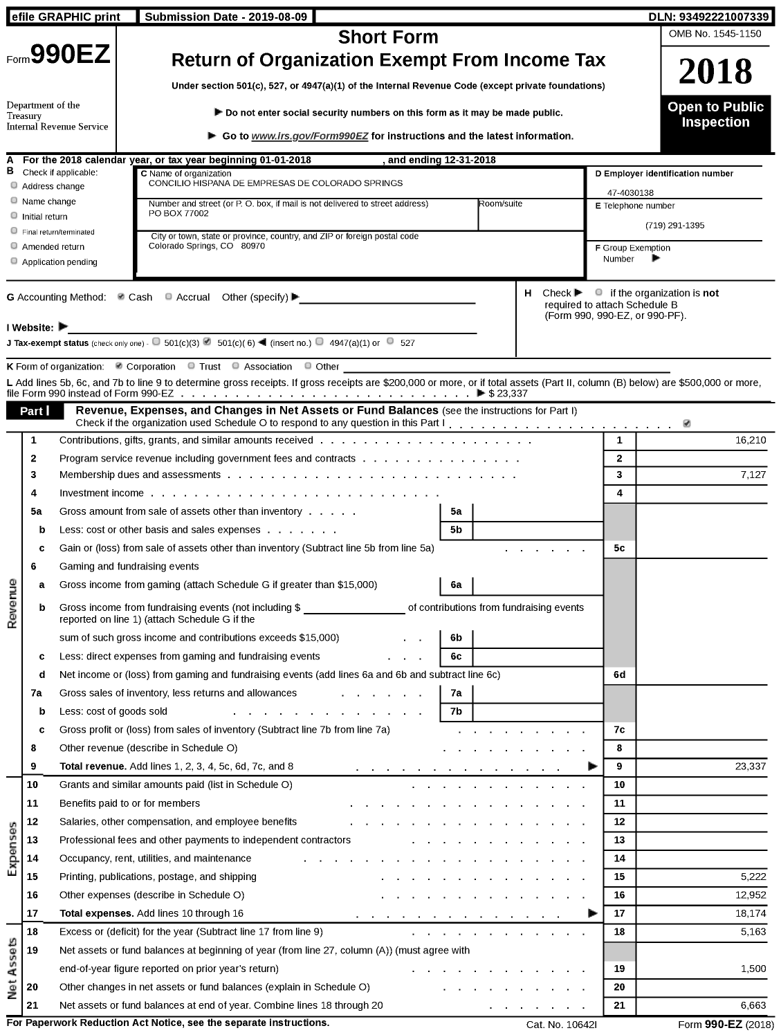 Image of first page of 2018 Form 990EZ for Concilio Hispano de Empresas de Colorado Springs