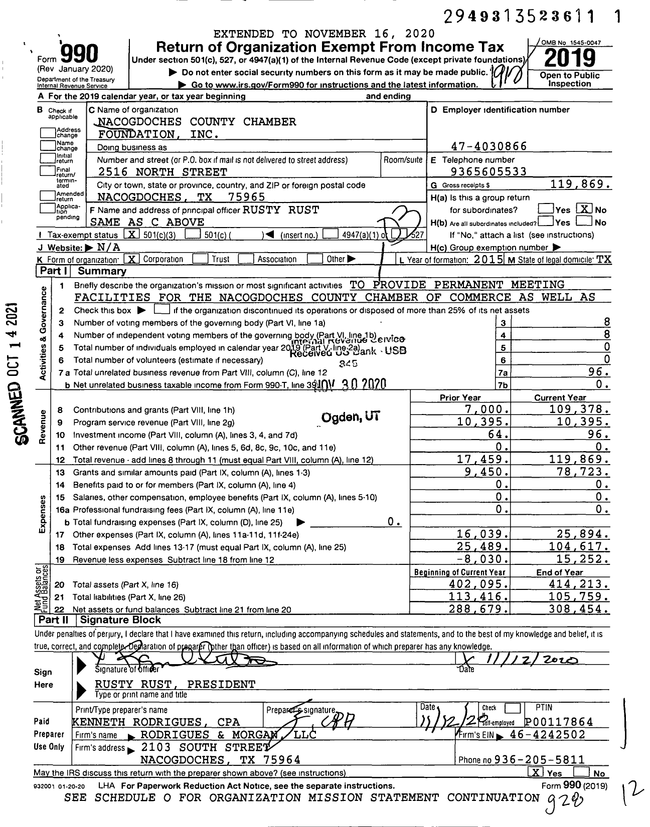 Image of first page of 2019 Form 990 for Nacogdoches County Chamber Foundation