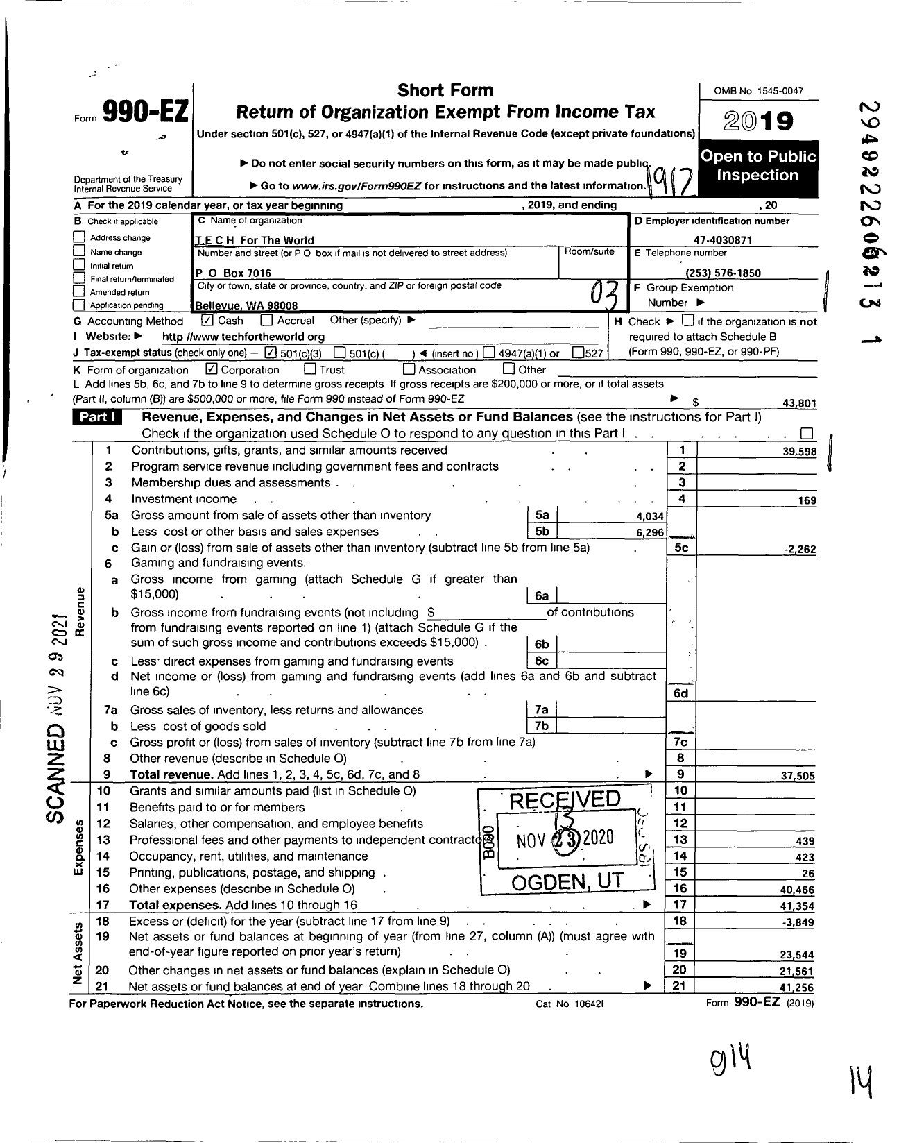 Image of first page of 2019 Form 990EZ for Tech for the World