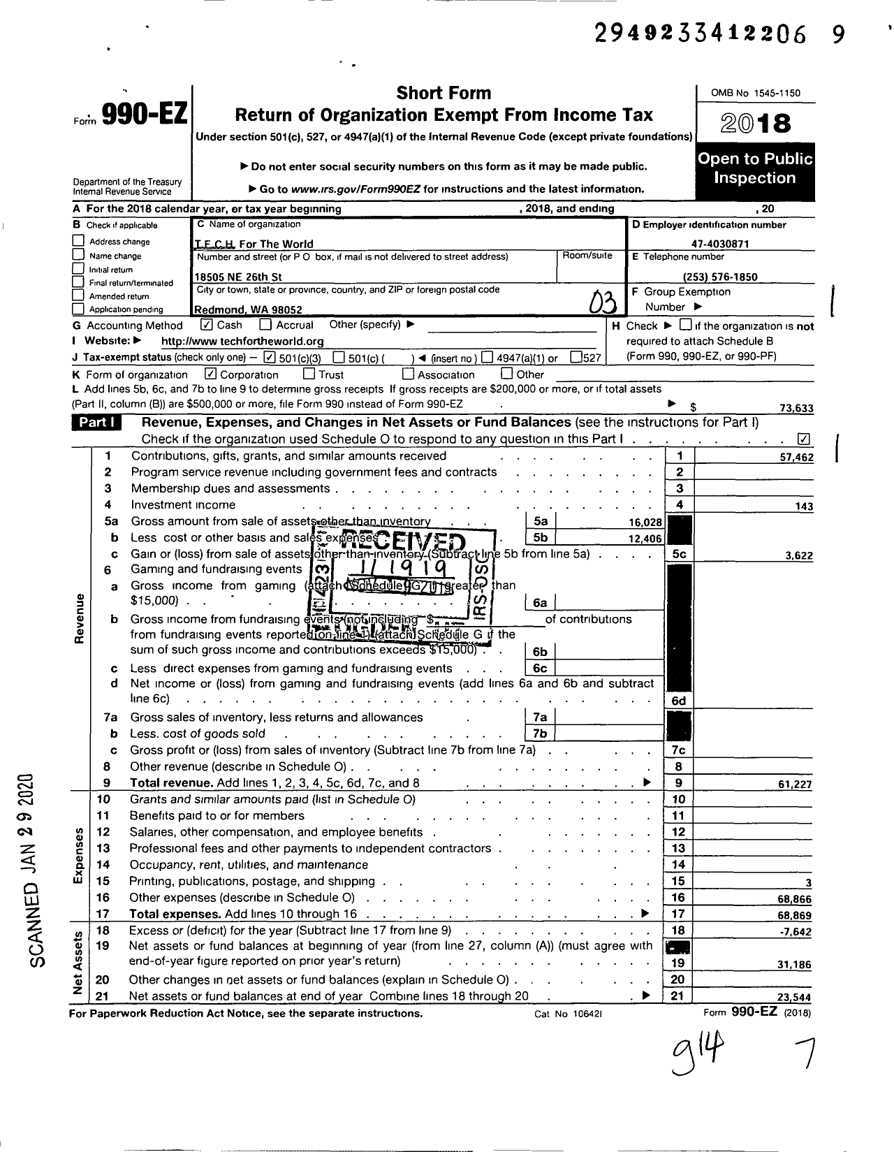 Image of first page of 2018 Form 990EZ for Tech for the World