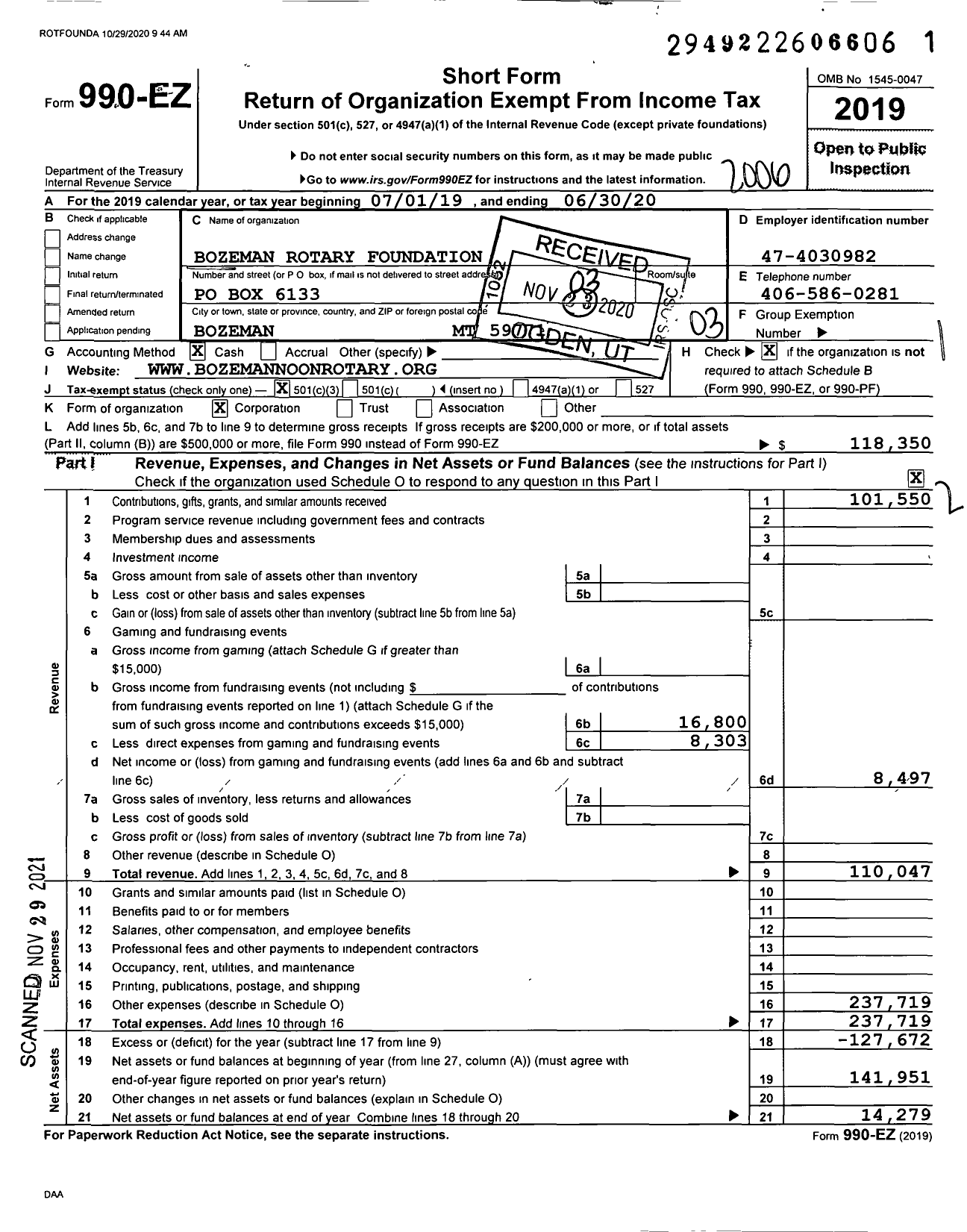 Image of first page of 2019 Form 990EZ for Bozeman Rotary Foundation