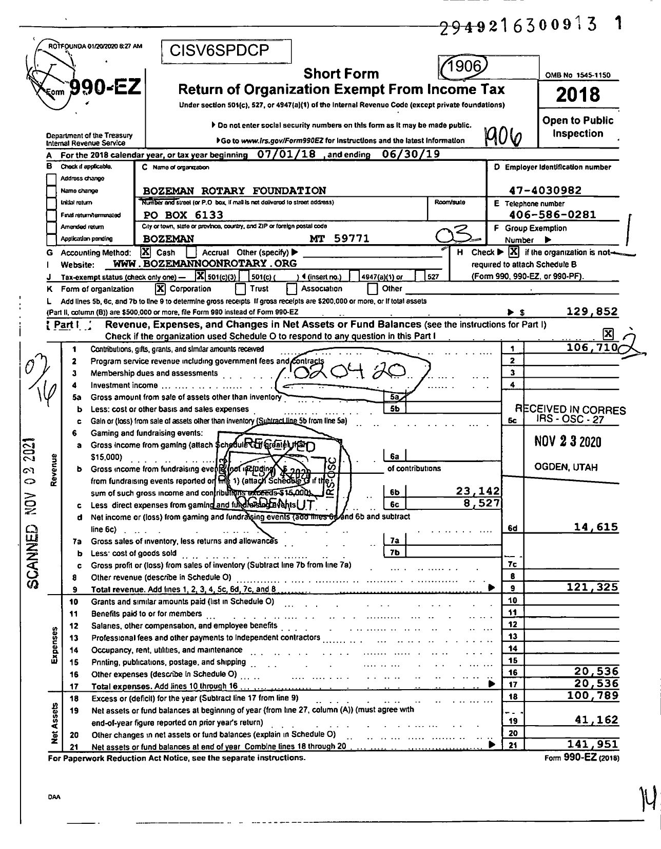 Image of first page of 2018 Form 990EZ for Bozeman Rotary Foundation