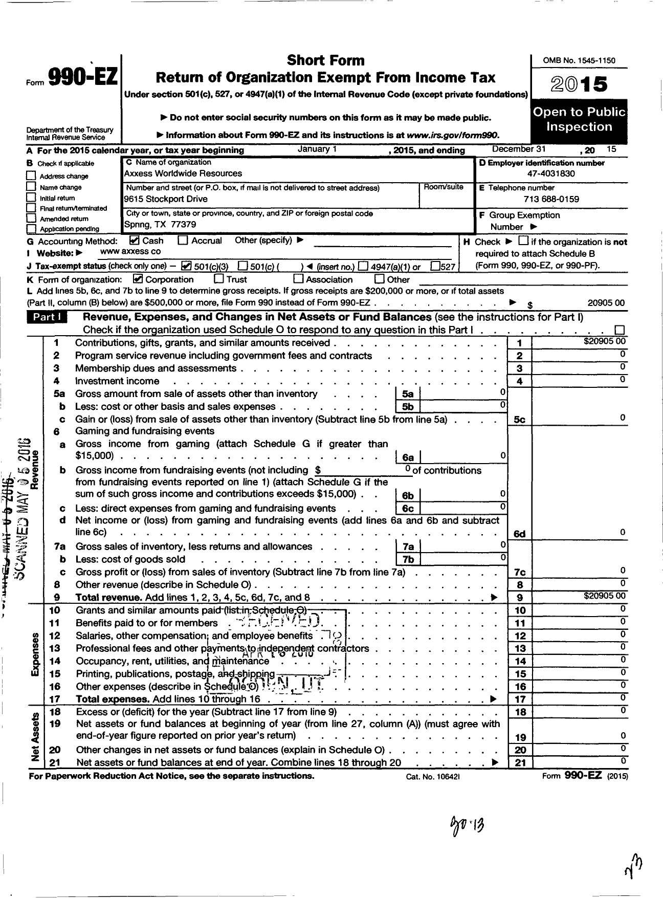 Image of first page of 2015 Form 990EZ for Axxess Worldwide Resources