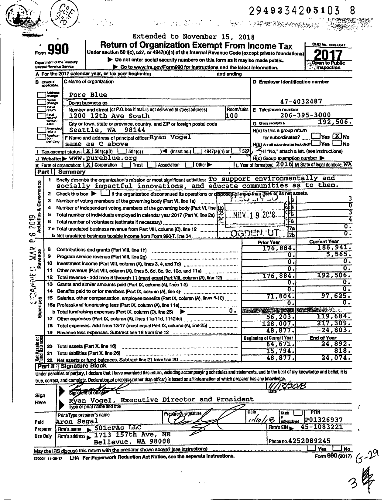 Image of first page of 2017 Form 990 for Pure Blue