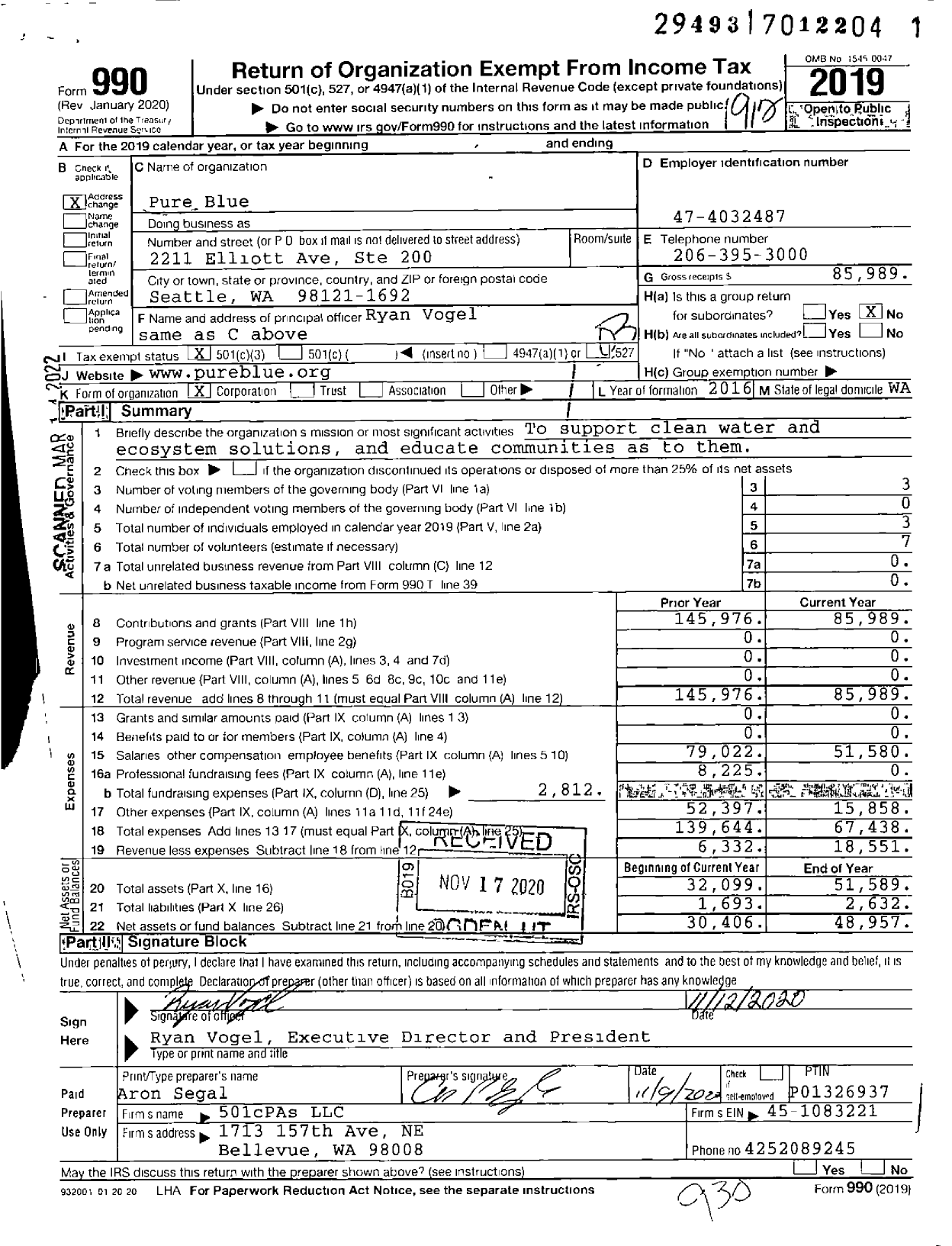 Image of first page of 2019 Form 990 for Pure Blue